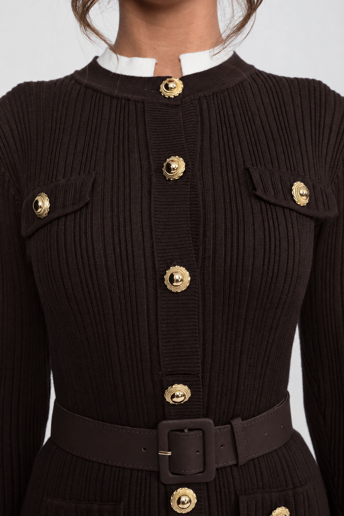 Ribbed Knit Belted Midi Dress With White Cuffs And Collar - Brown