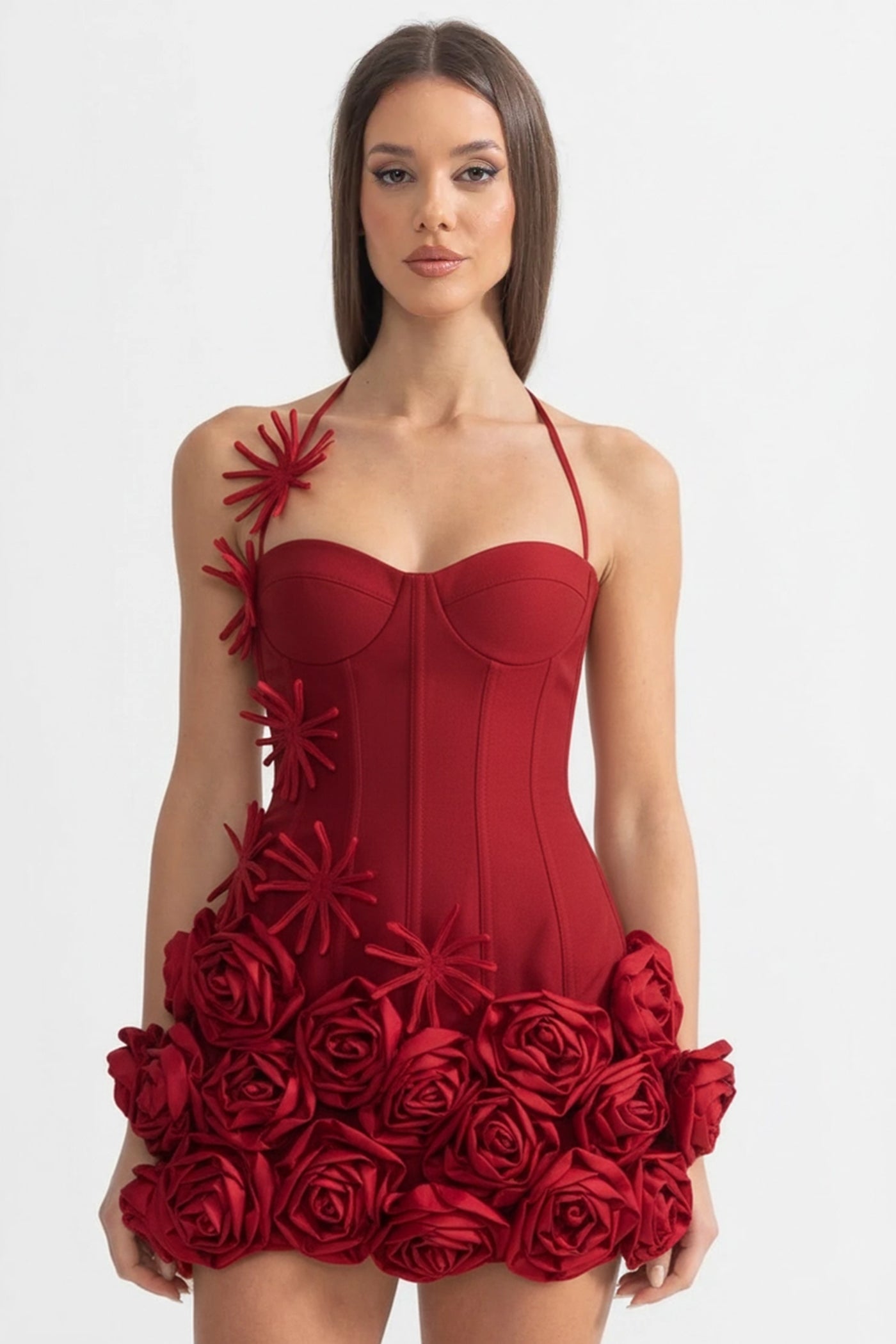 Corset Mini Dress with Sculpted Floral Hem – Red