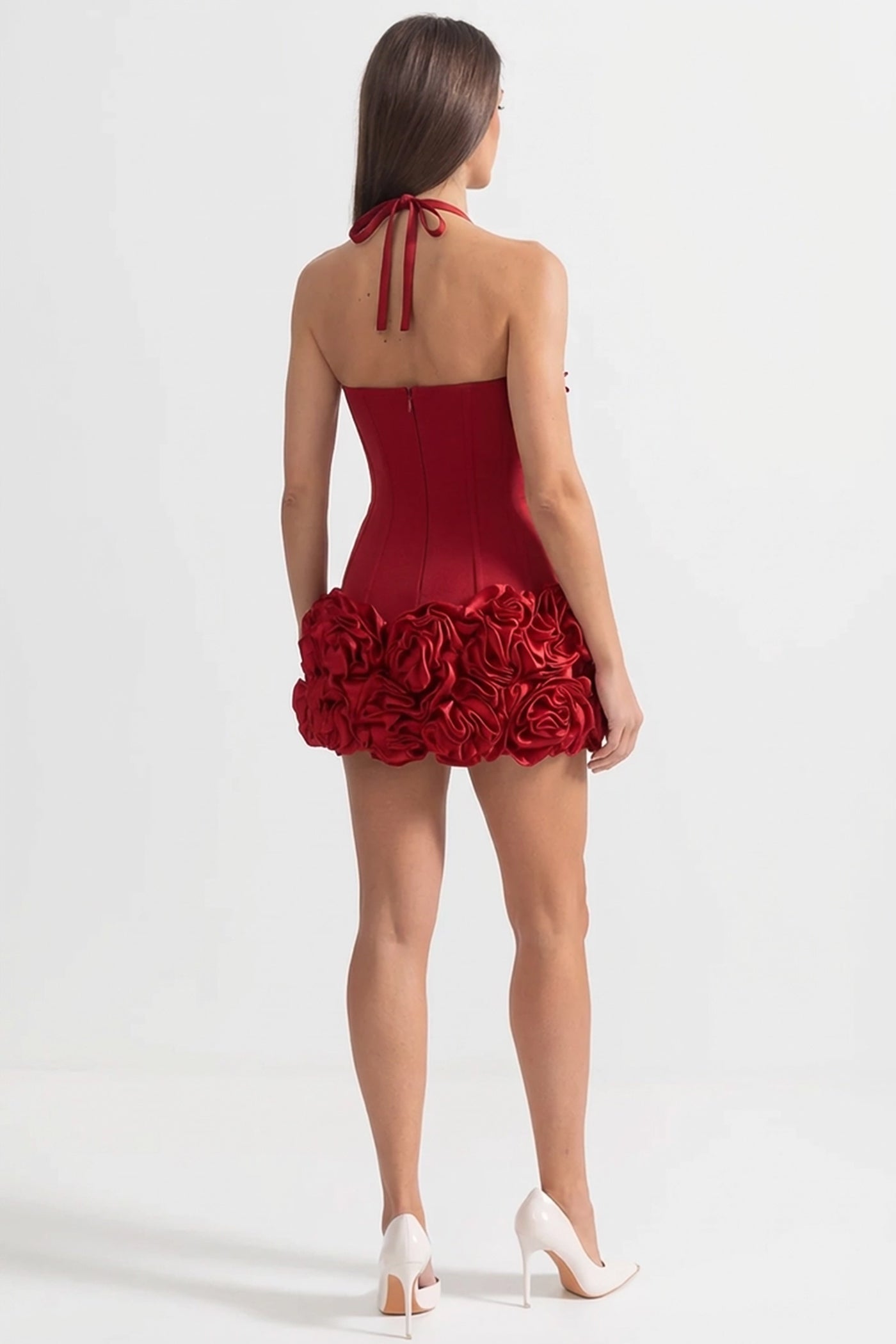 Korsett-Minikleid mit skulpturiertem Blumenabschluss – Rot