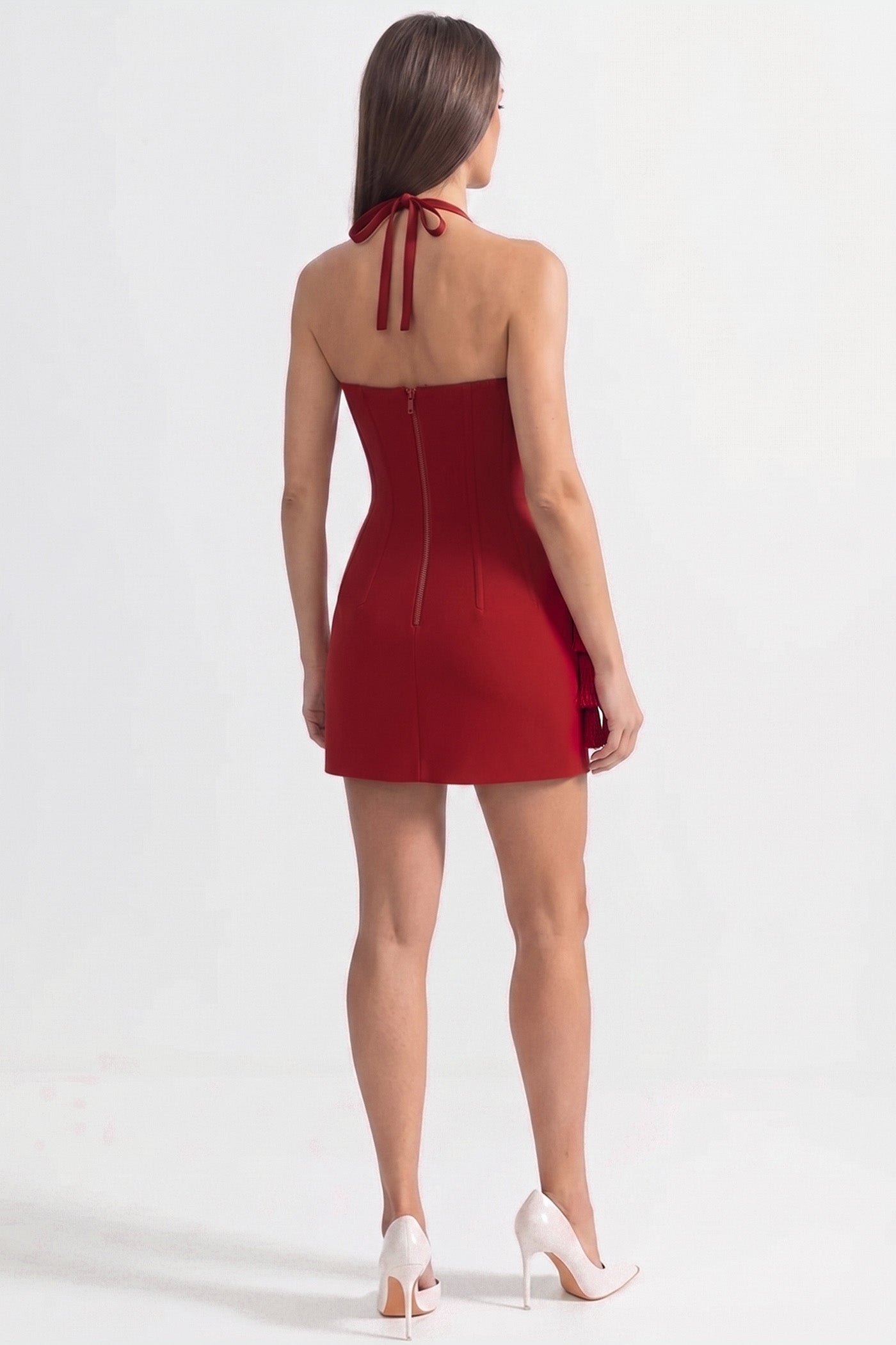 Korsett-Minikleid mit skulpturiertem Blumenabschluss – Rot