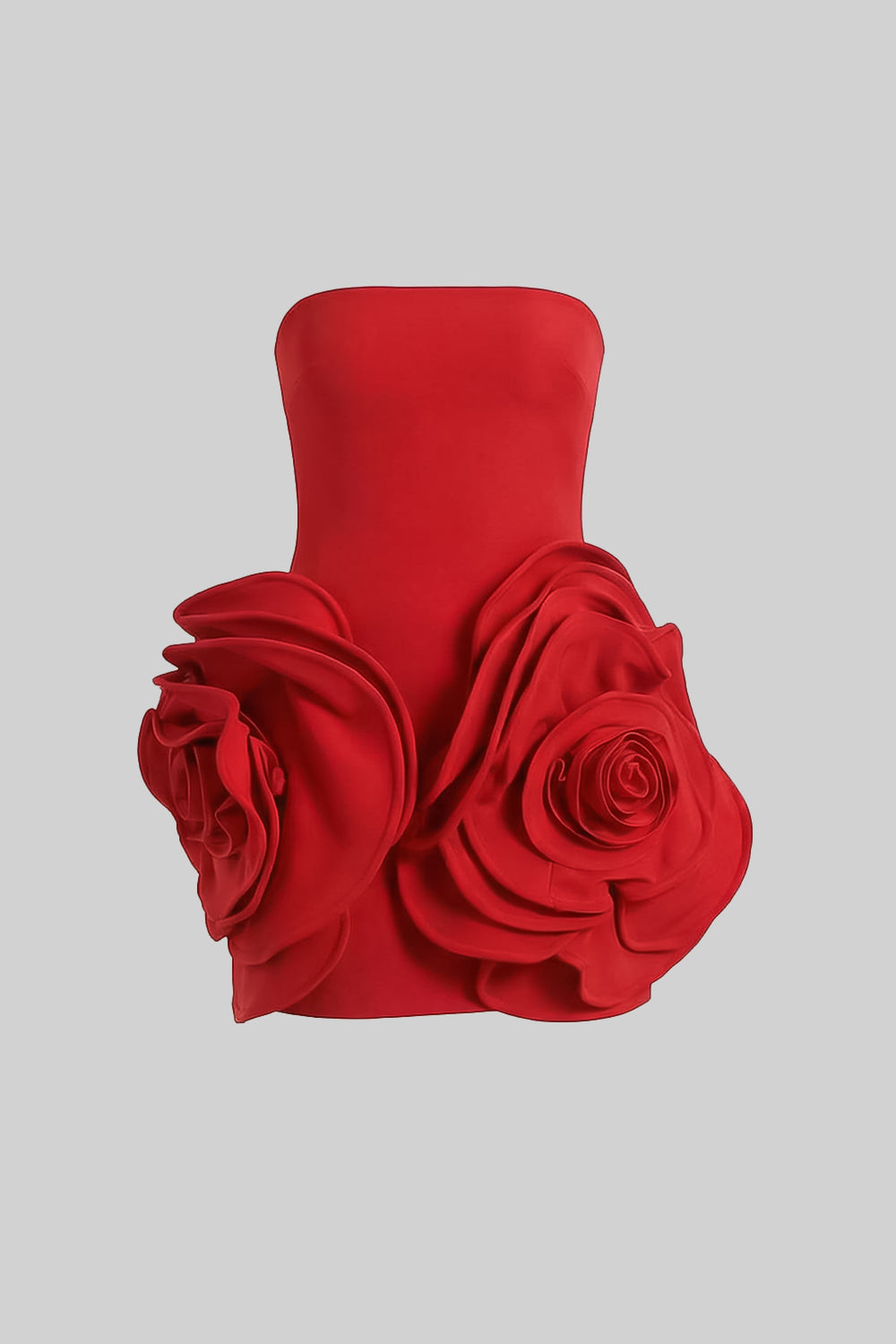 Schulterfreies skulpturales Mini-Kleid mit 3D-Blütenapplikationen – Rot
