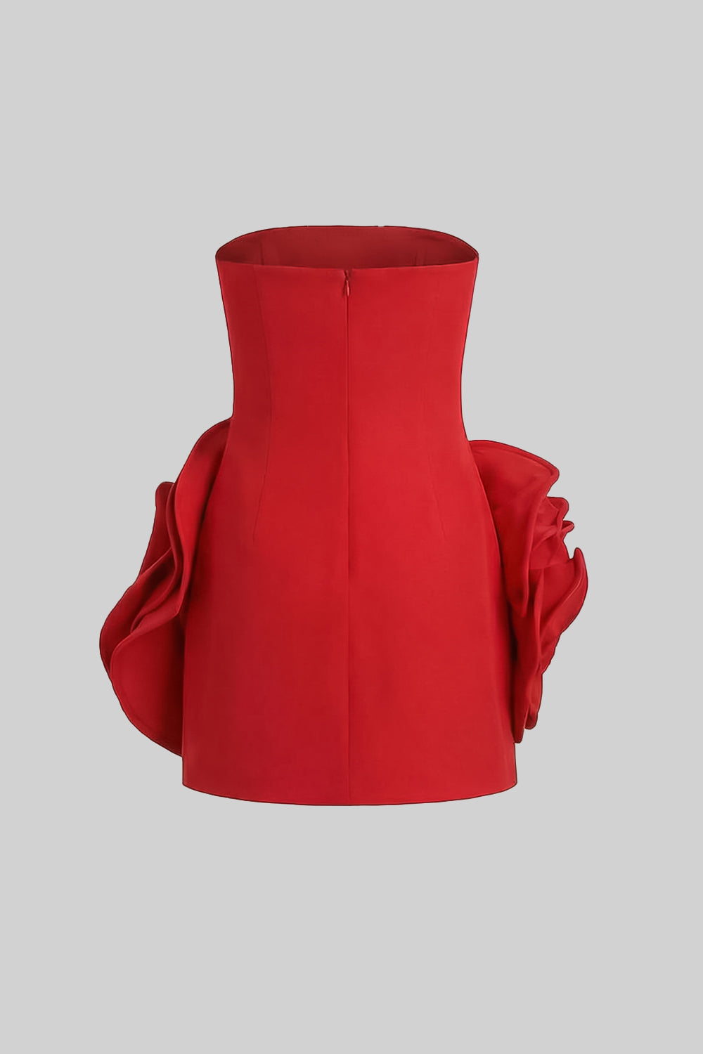 Schulterfreies skulpturales Mini-Kleid mit 3D-Blütenapplikationen – Rot