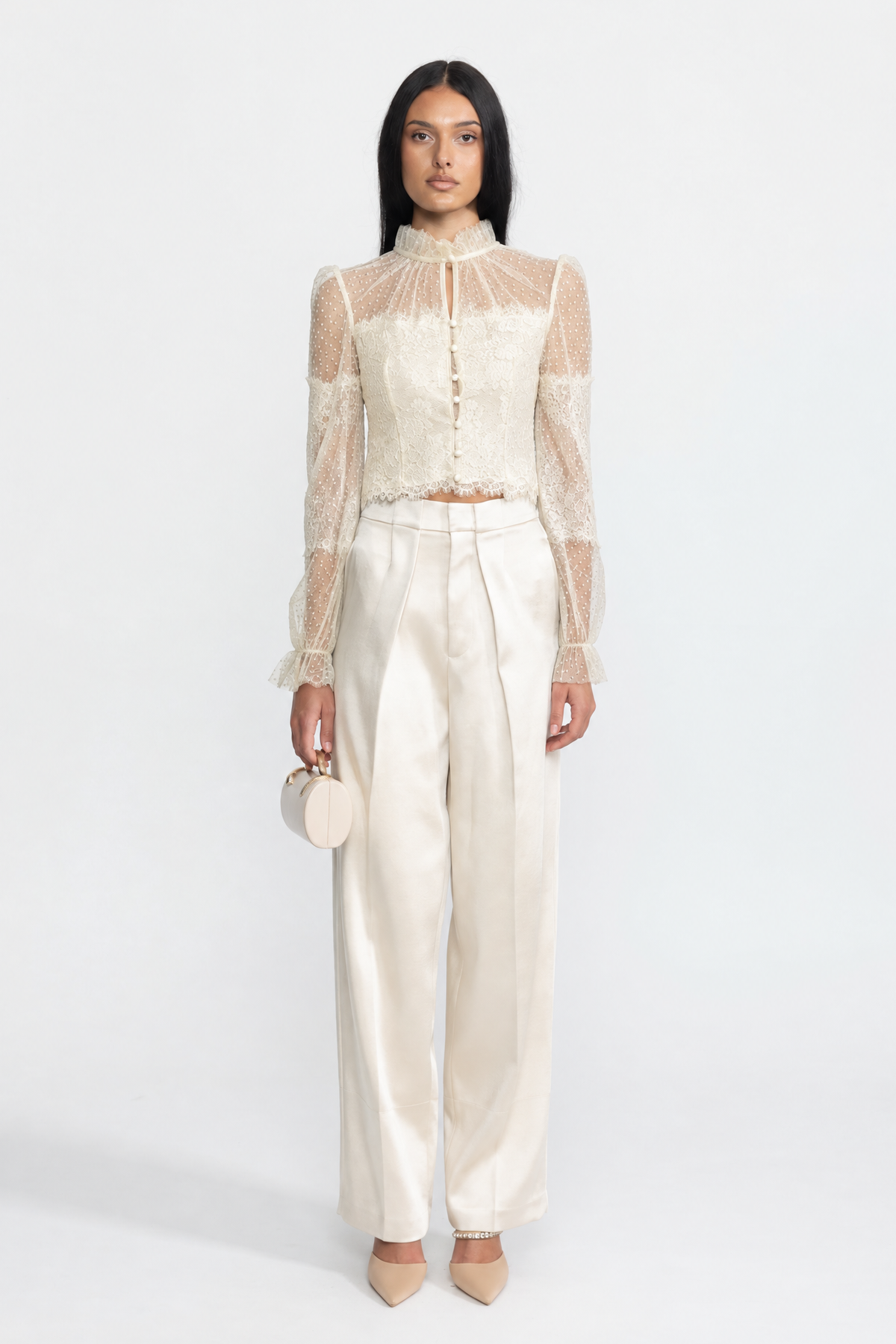 Ruffle Neck Lace and Dot Mesh Cropped Blouse - Ivoire