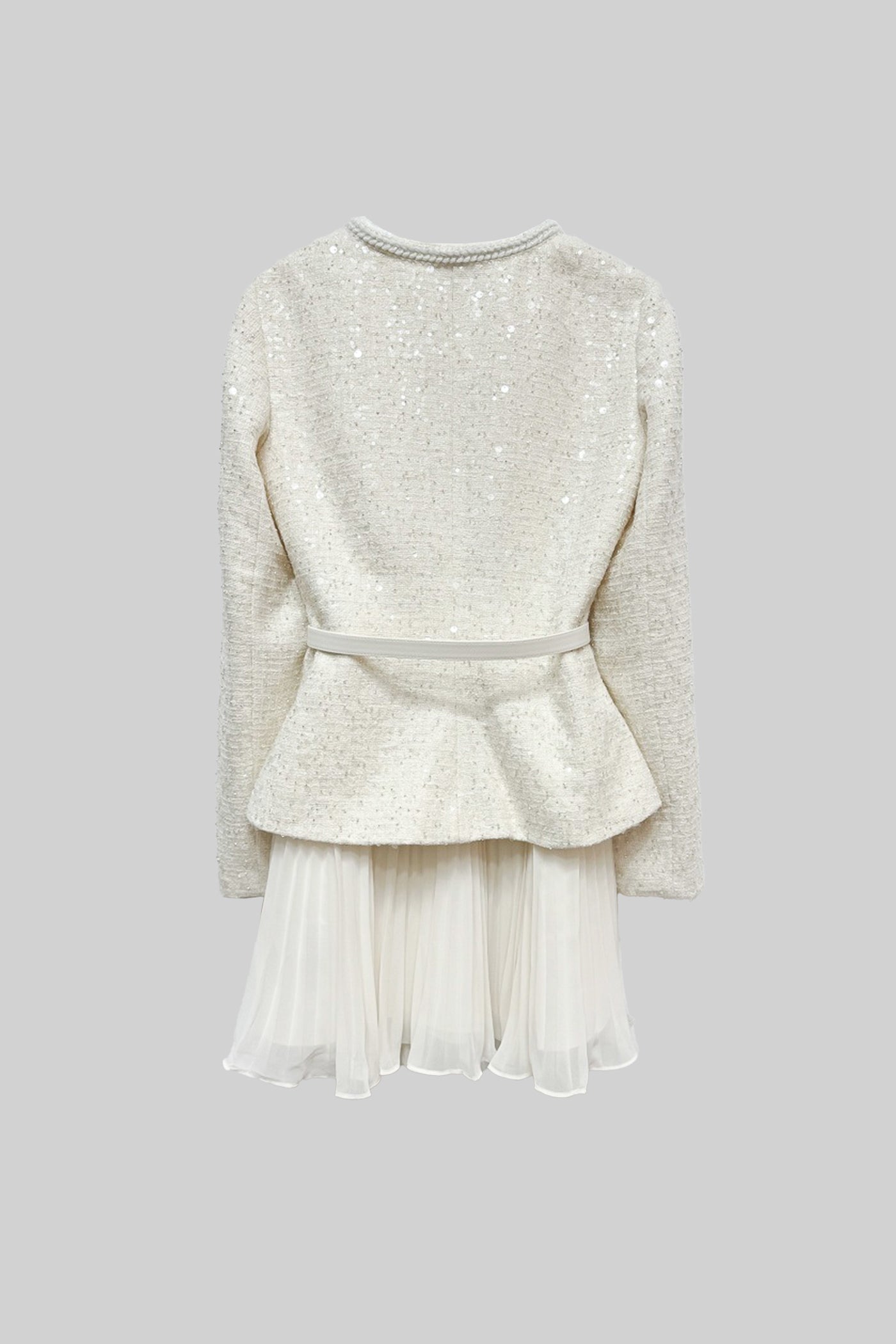 Textured Mini Dress With Pockets And Sheer Pleated Skirt - Beige