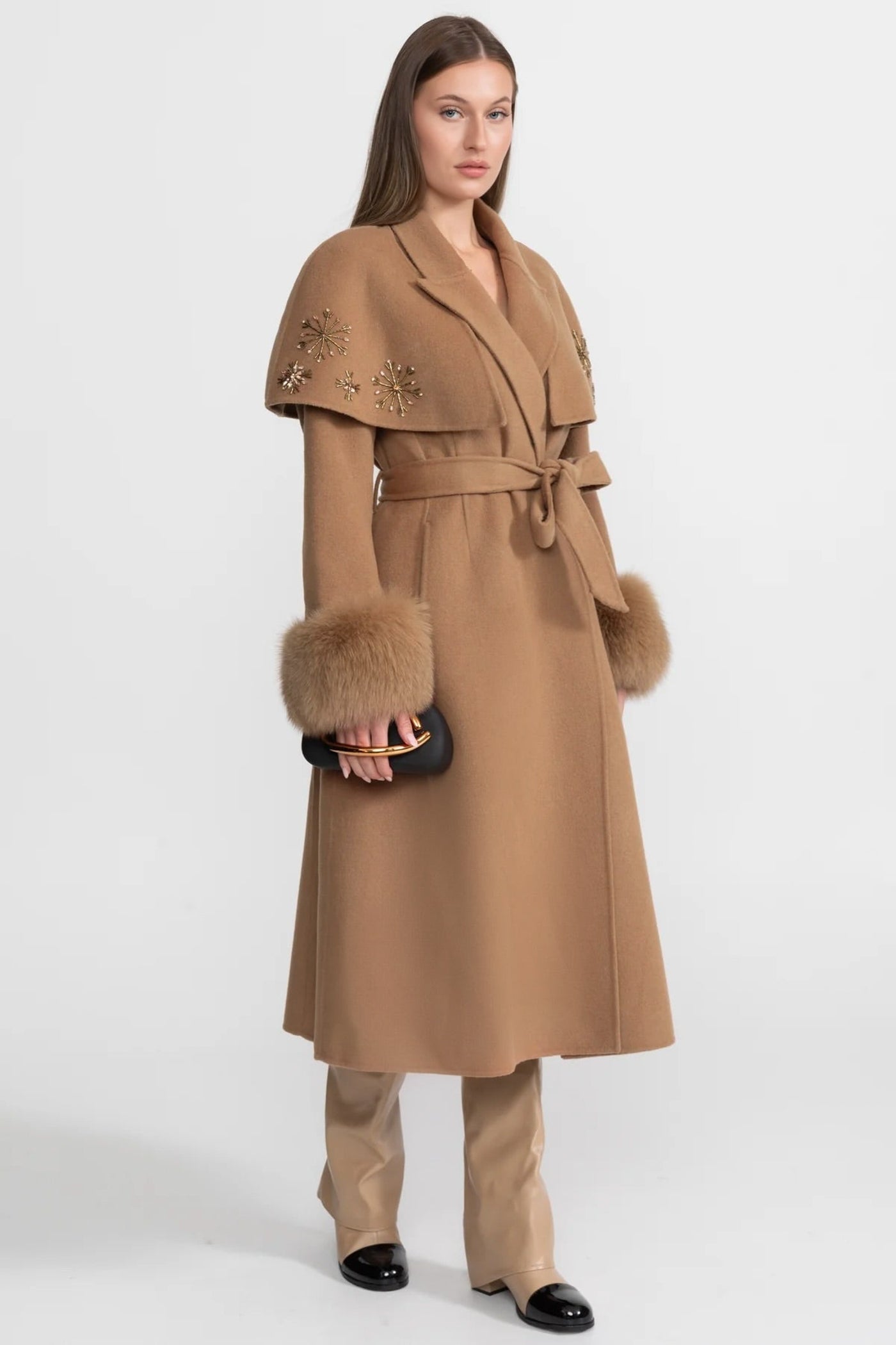 Embellished Wool Coat with Fox Fur Cuffs And Cape Overlay - Light Brown