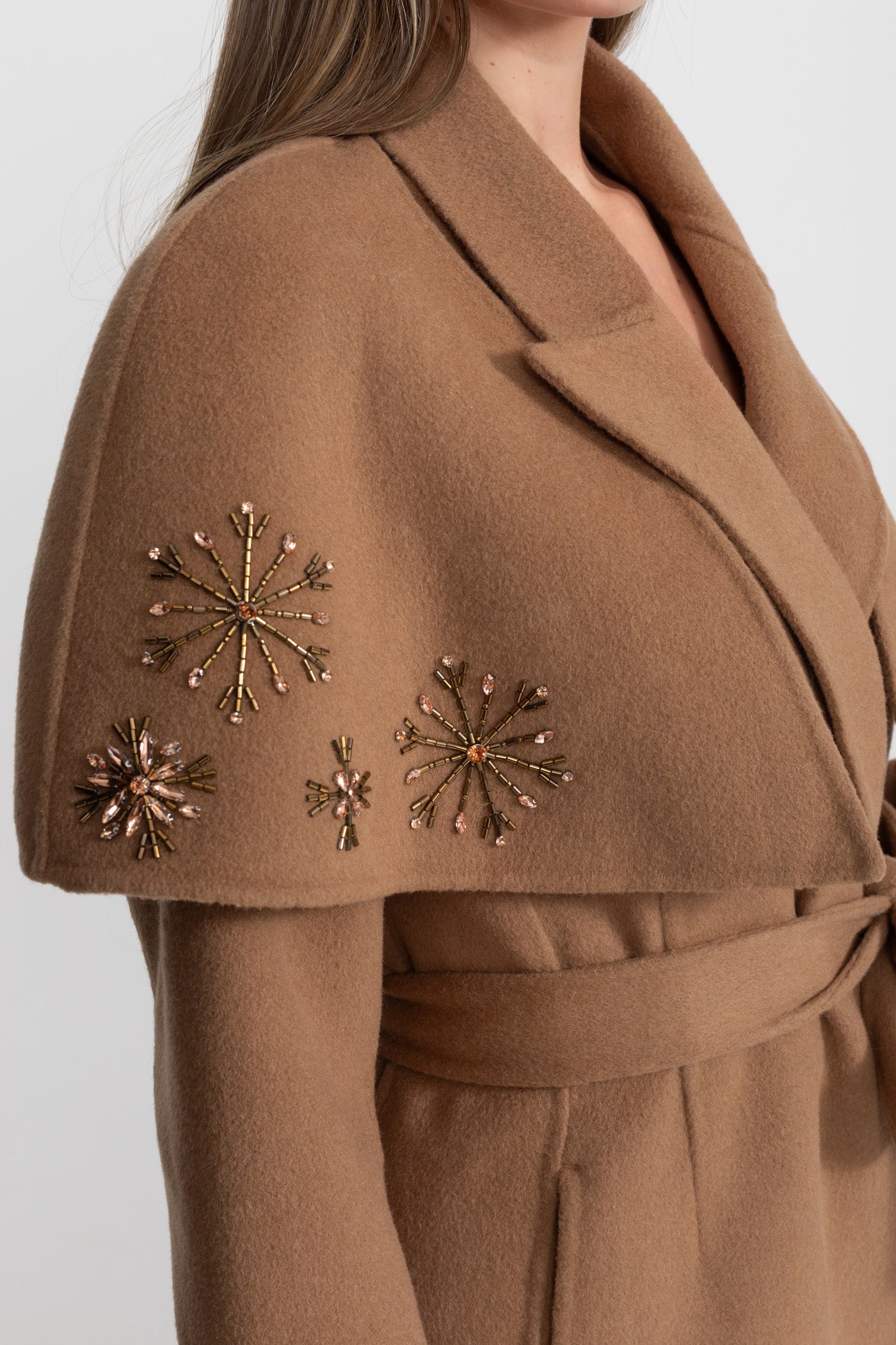 Embellished Wool Coat with Fox Fur Cuffs And Cape Overlay - Light Brown