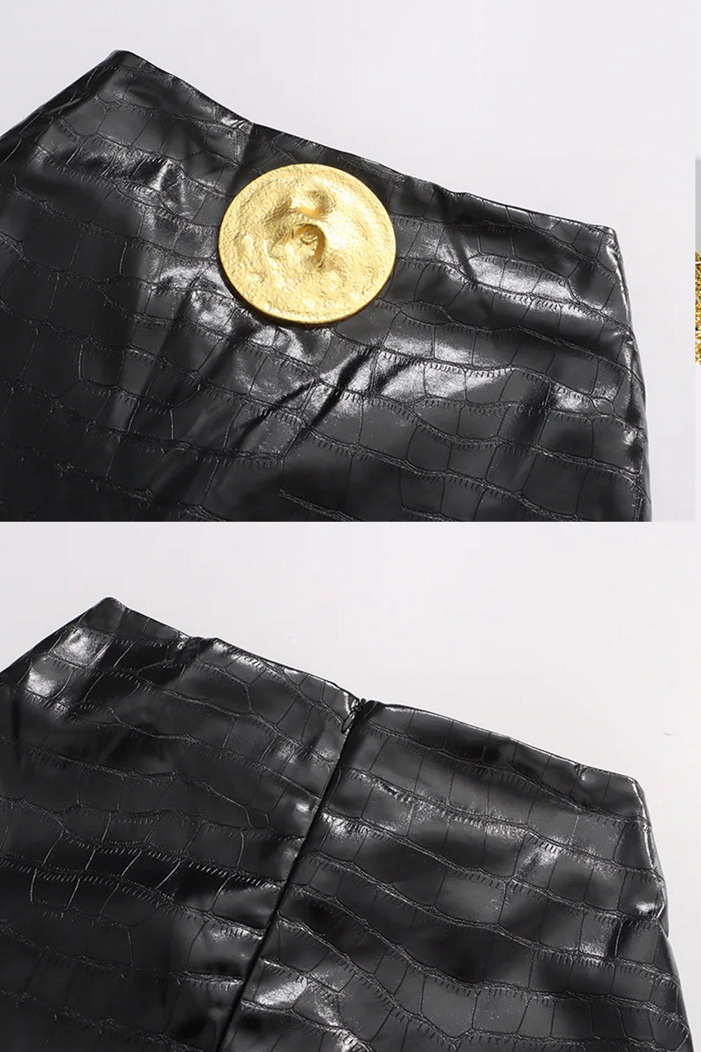 Minirock mit Krokodilprägung und markantem goldfarbenem Knopf - Schwarz