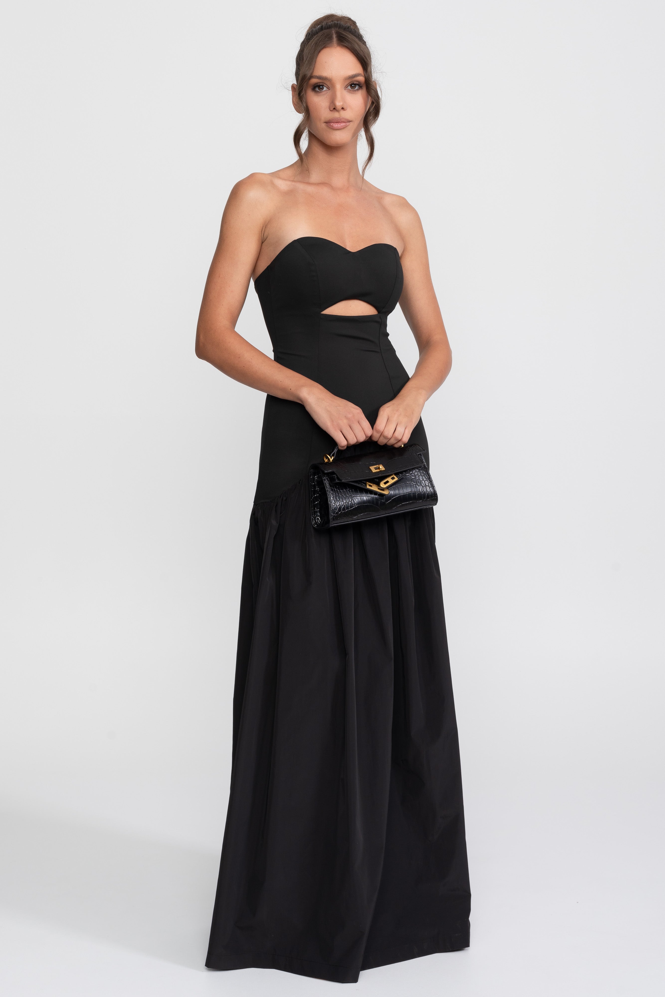 Ausschnitt-Sweetheart-Kleid mit tiefer Taille und gerafftem Rock - Schwarz