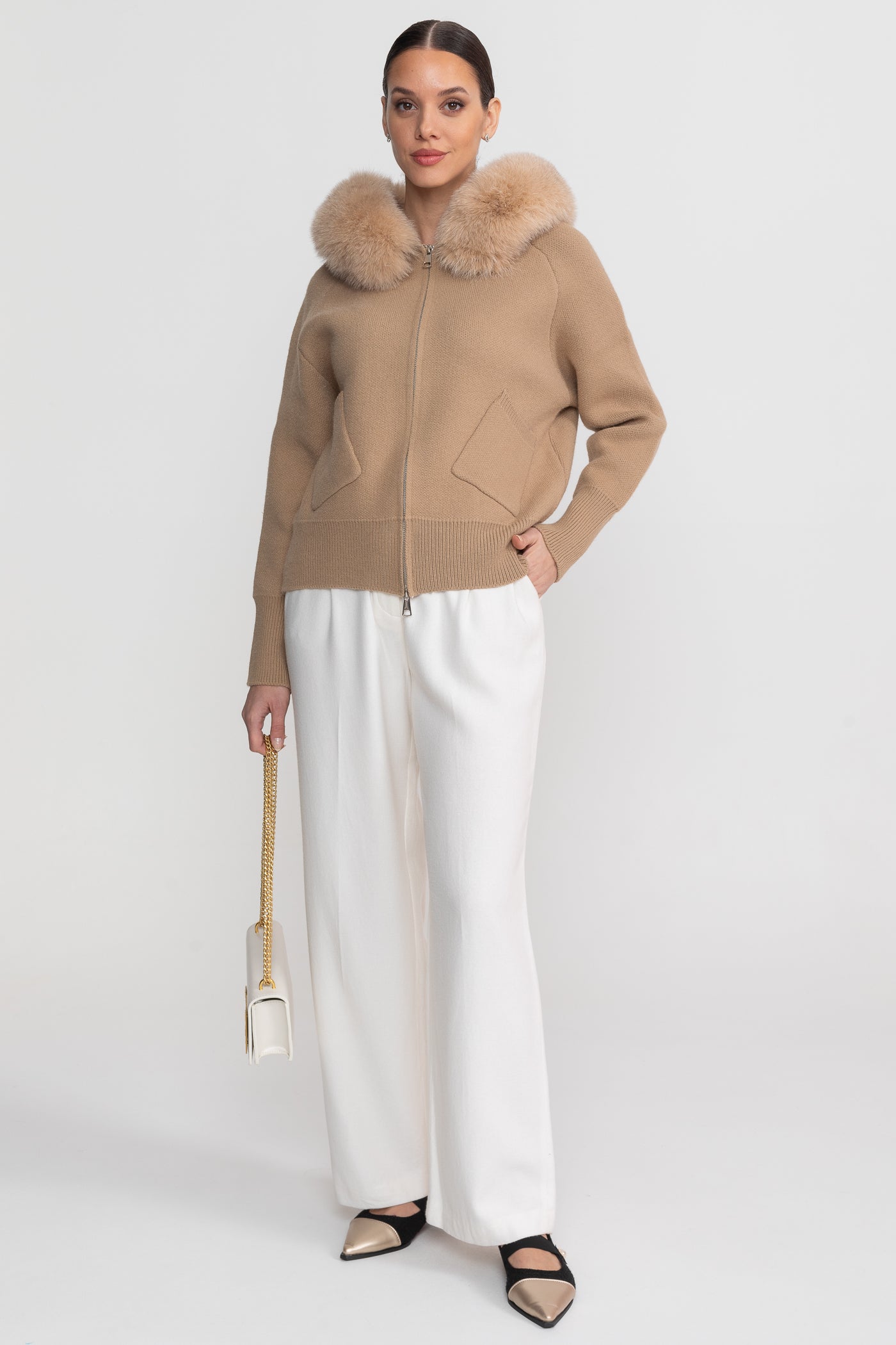 Zip-Up Wool Hoodie With Fox Fur Collar – Brown