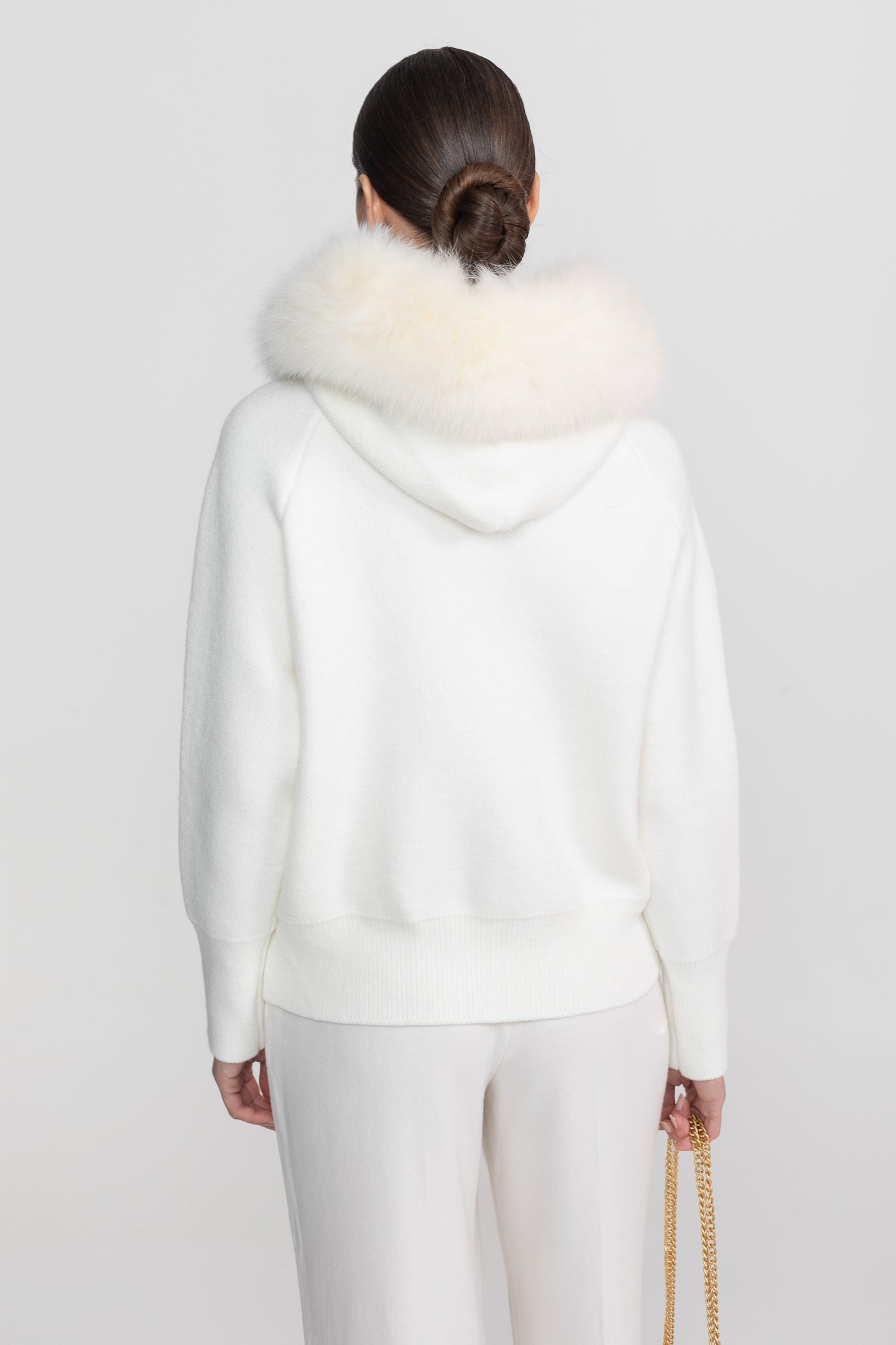 Zip-Up Wool Hoodie With Fox Fur Collar – Ivoire
