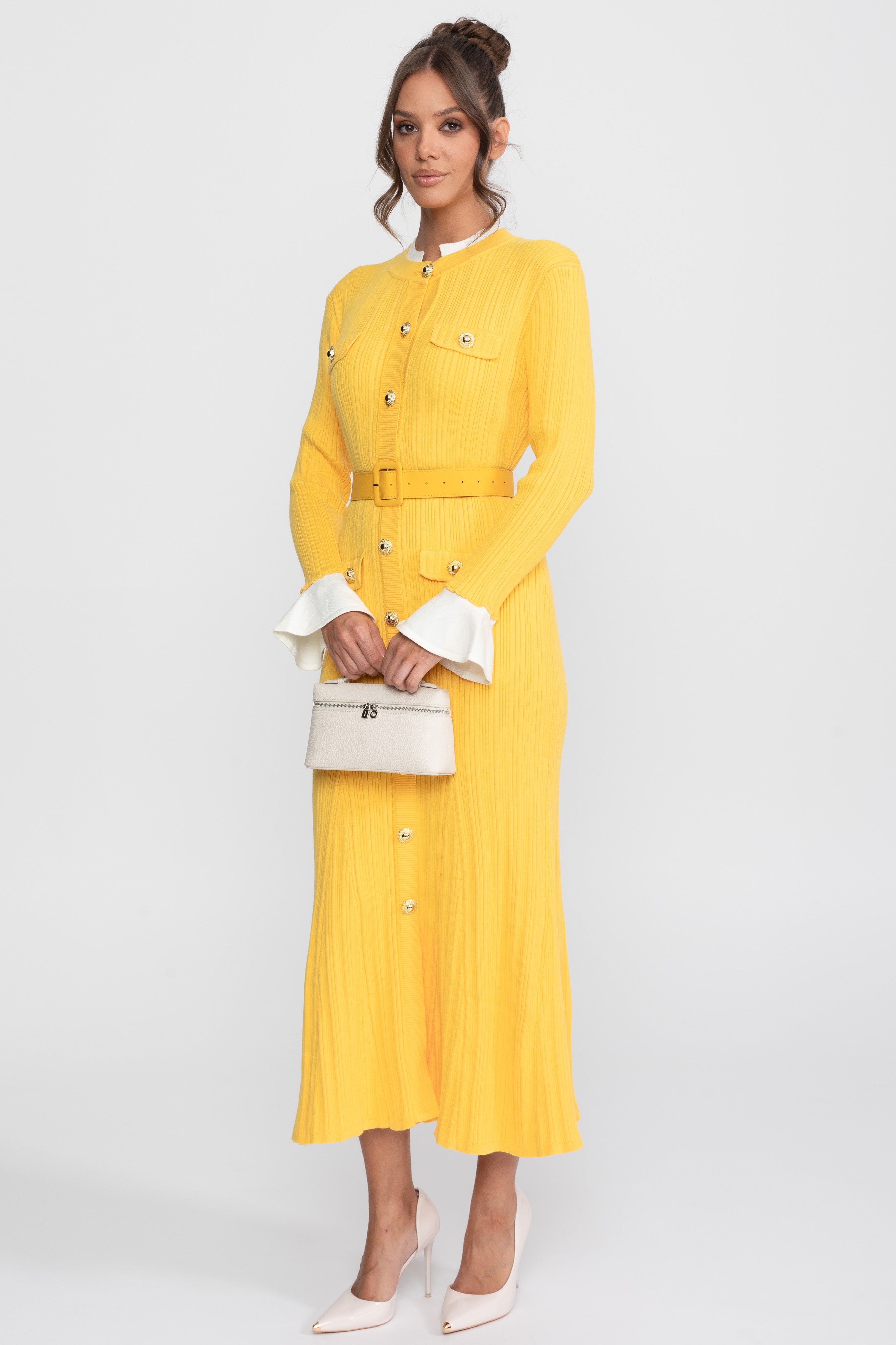 Ribbed Knit Belted Midi Dress With White Cuffs And Collar - Yellow