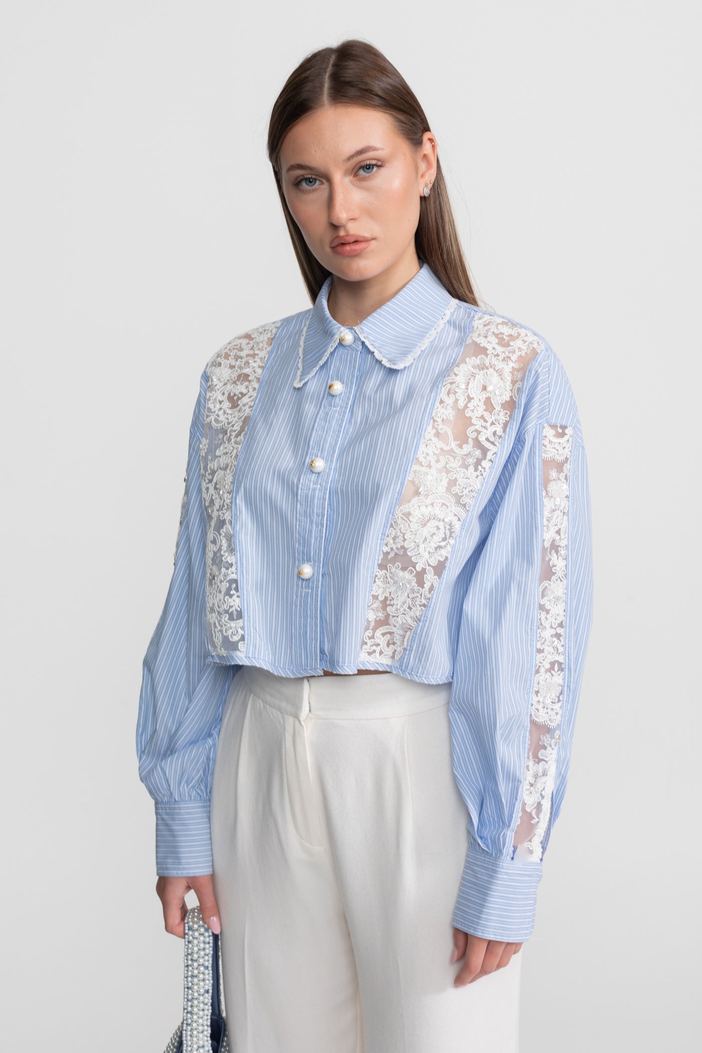 Striped Cotton and Lace Panel Shirt – Light Blue