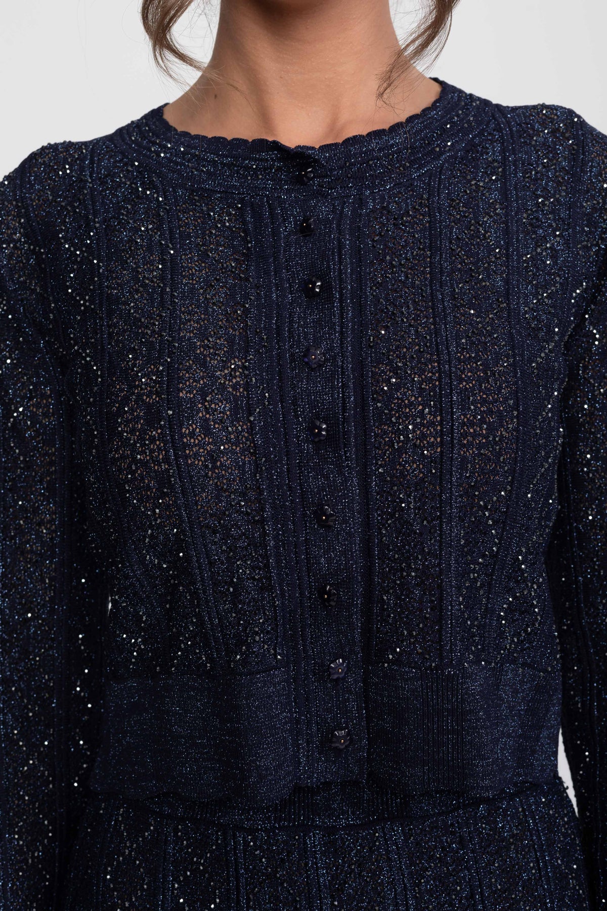 Langärmliges Co-Ord-Set aus Spitze mit Rautenmuster und Maxirock - Navy