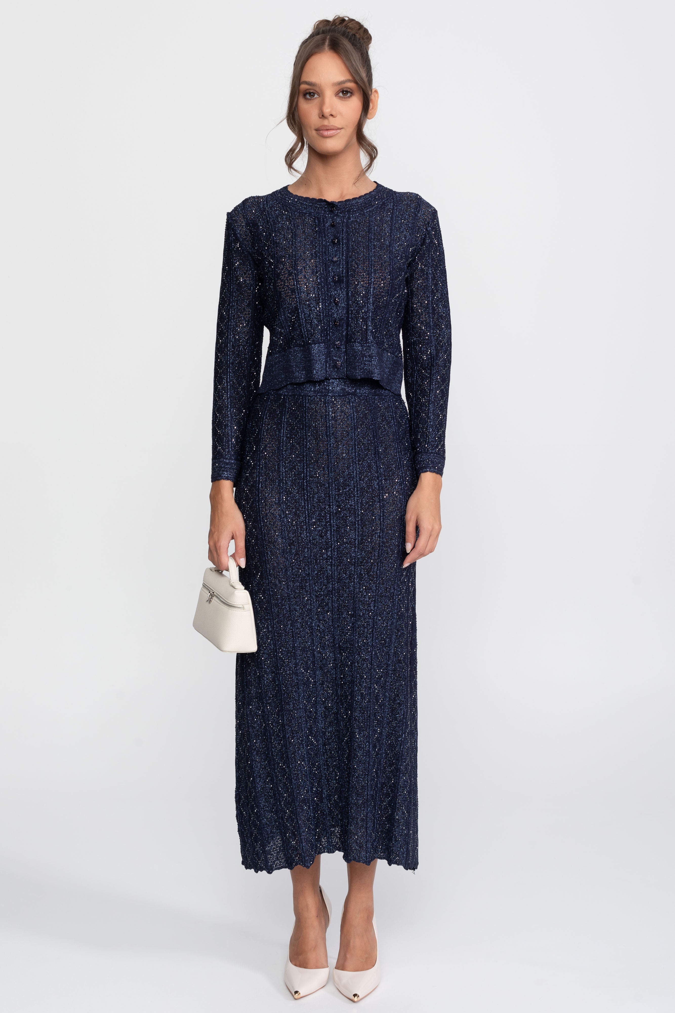 Langärmliges Co-Ord-Set aus Spitze mit Rautenmuster und Maxirock - Navy