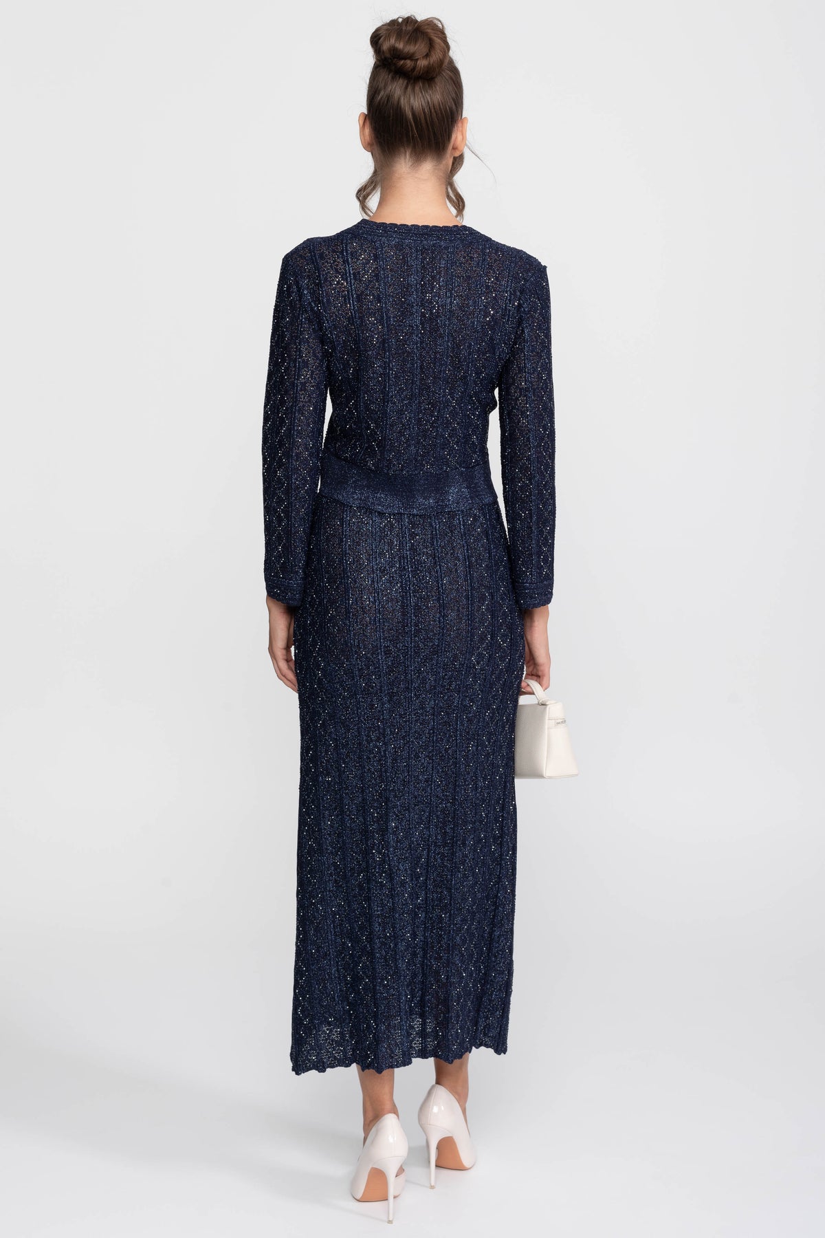 Langärmliges Co-Ord-Set aus Spitze mit Rautenmuster und Maxirock - Navy