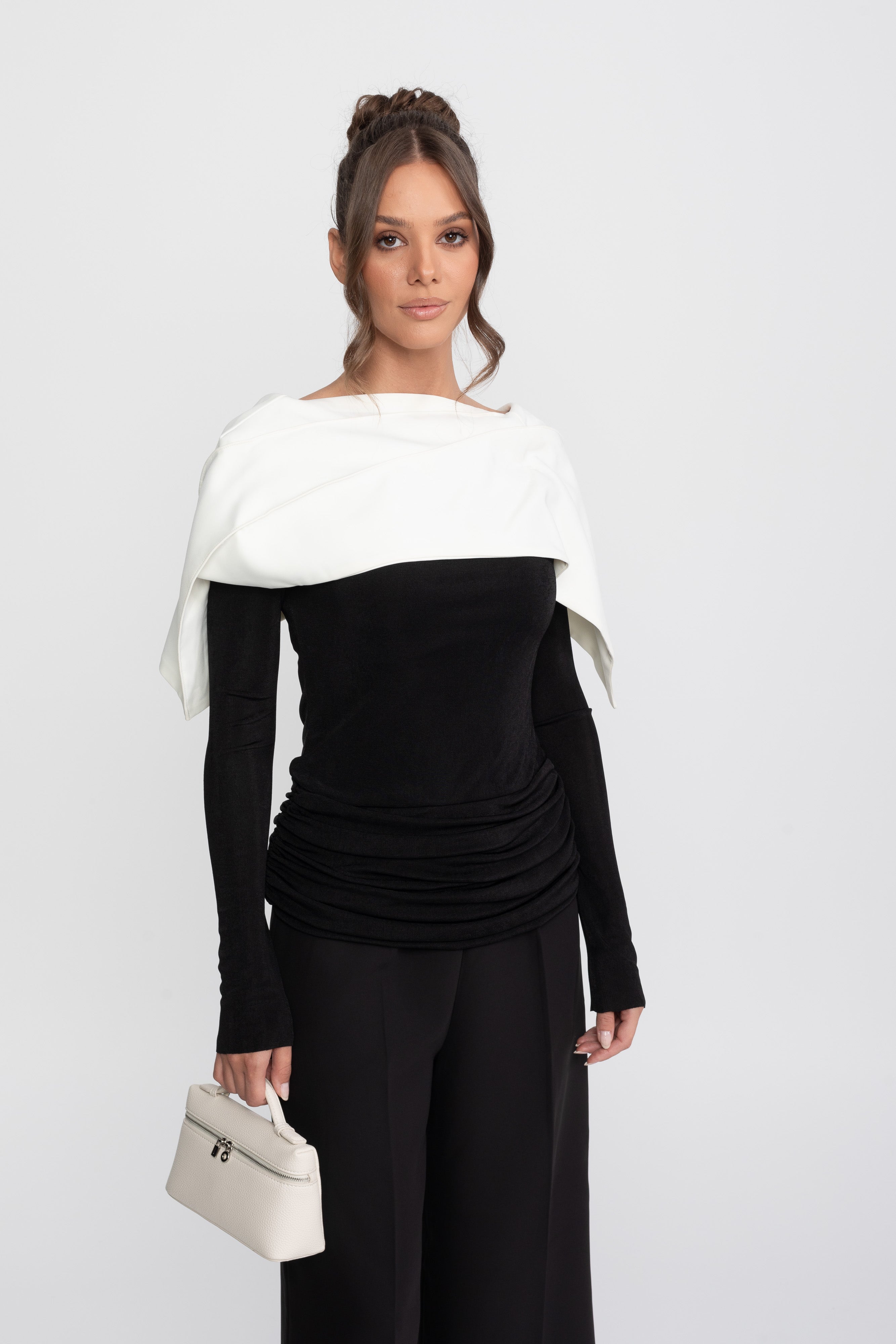 Ruched Wrap Top With Contrasting Cape And Trouser Ensemble - Black