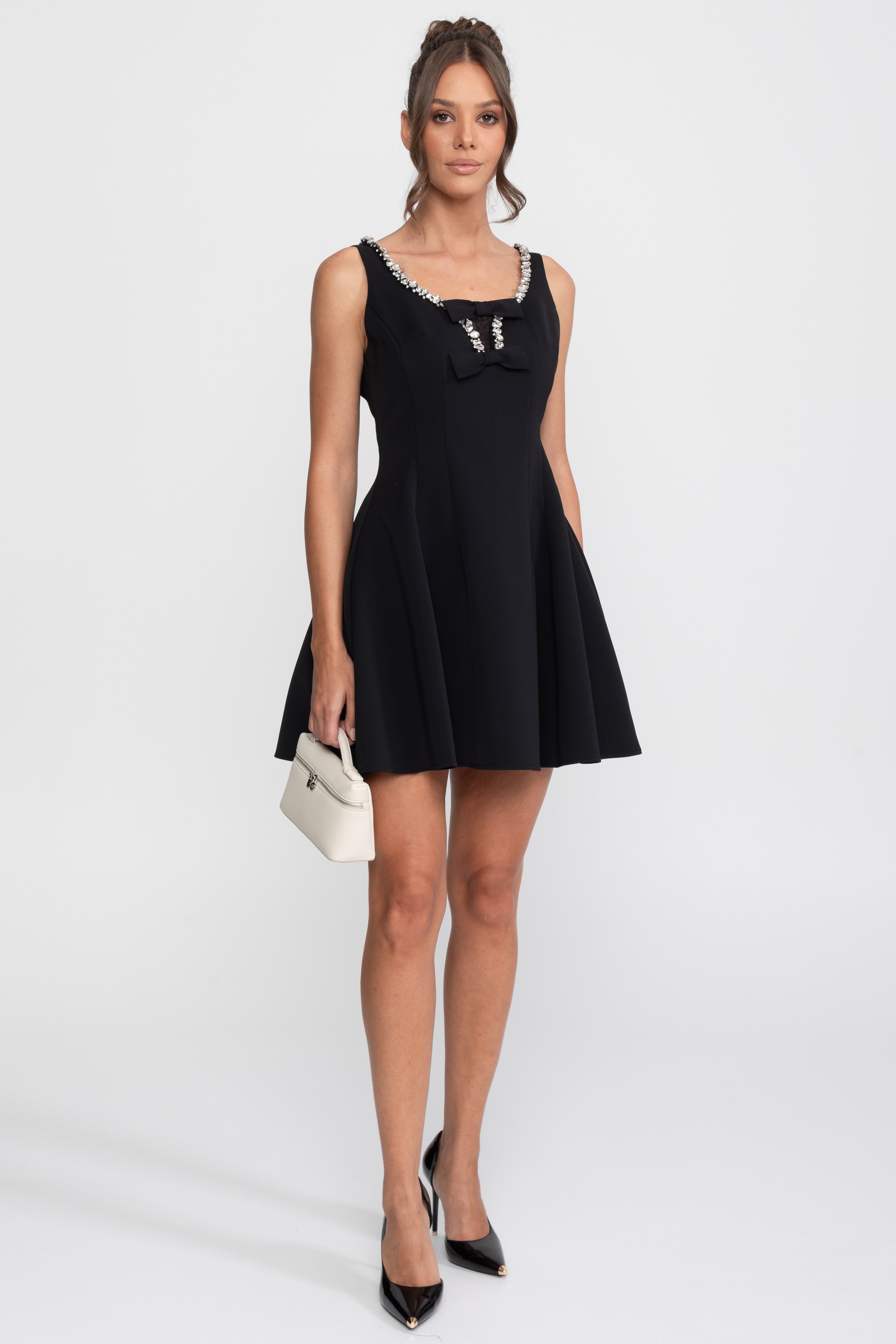 Fit-and-Flare-Minikleid mit Kristallbesatz und Brustschleifen - Schwarz