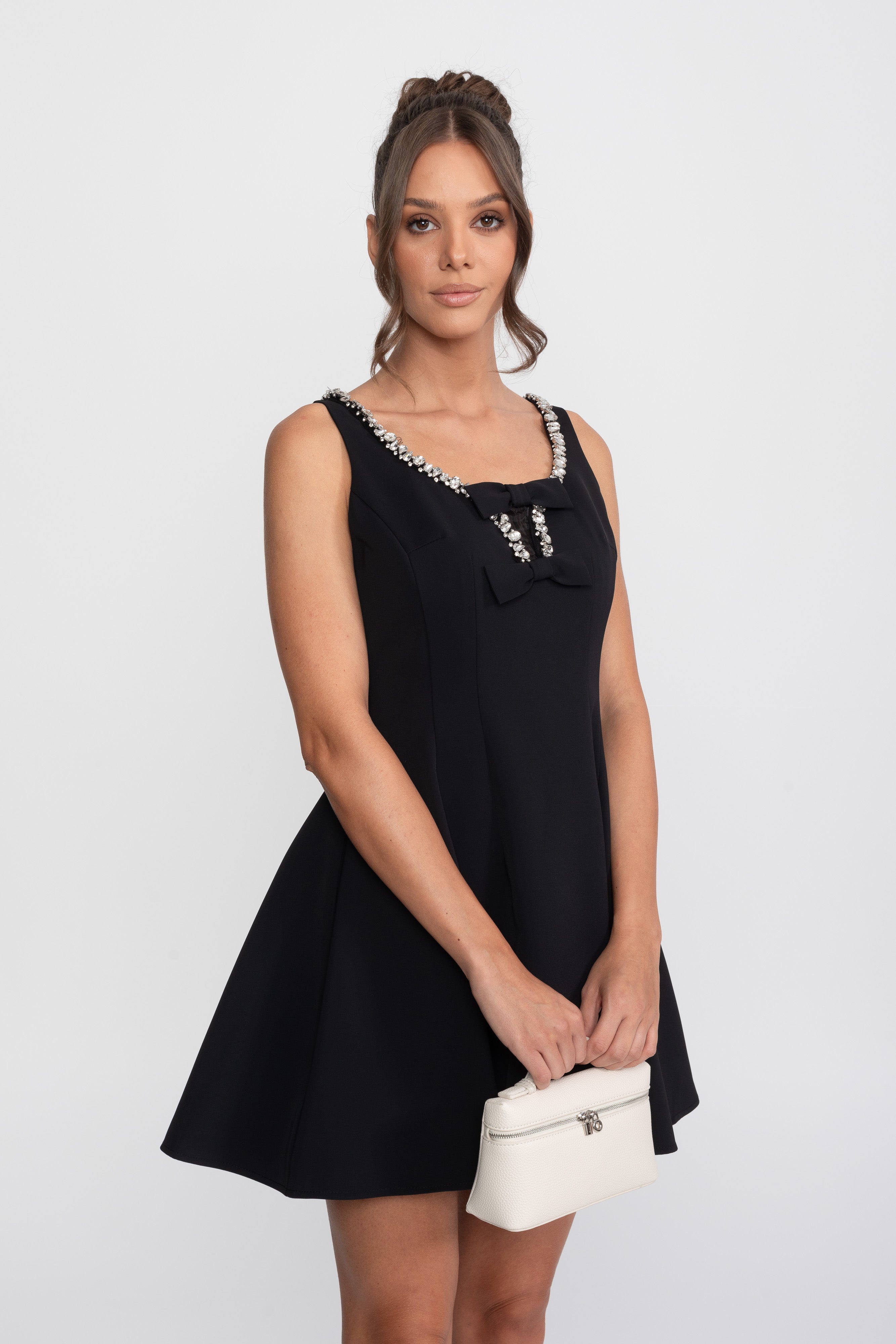 Fit-and-Flare-Minikleid mit Kristallbesatz und Brustschleifen - Schwarz