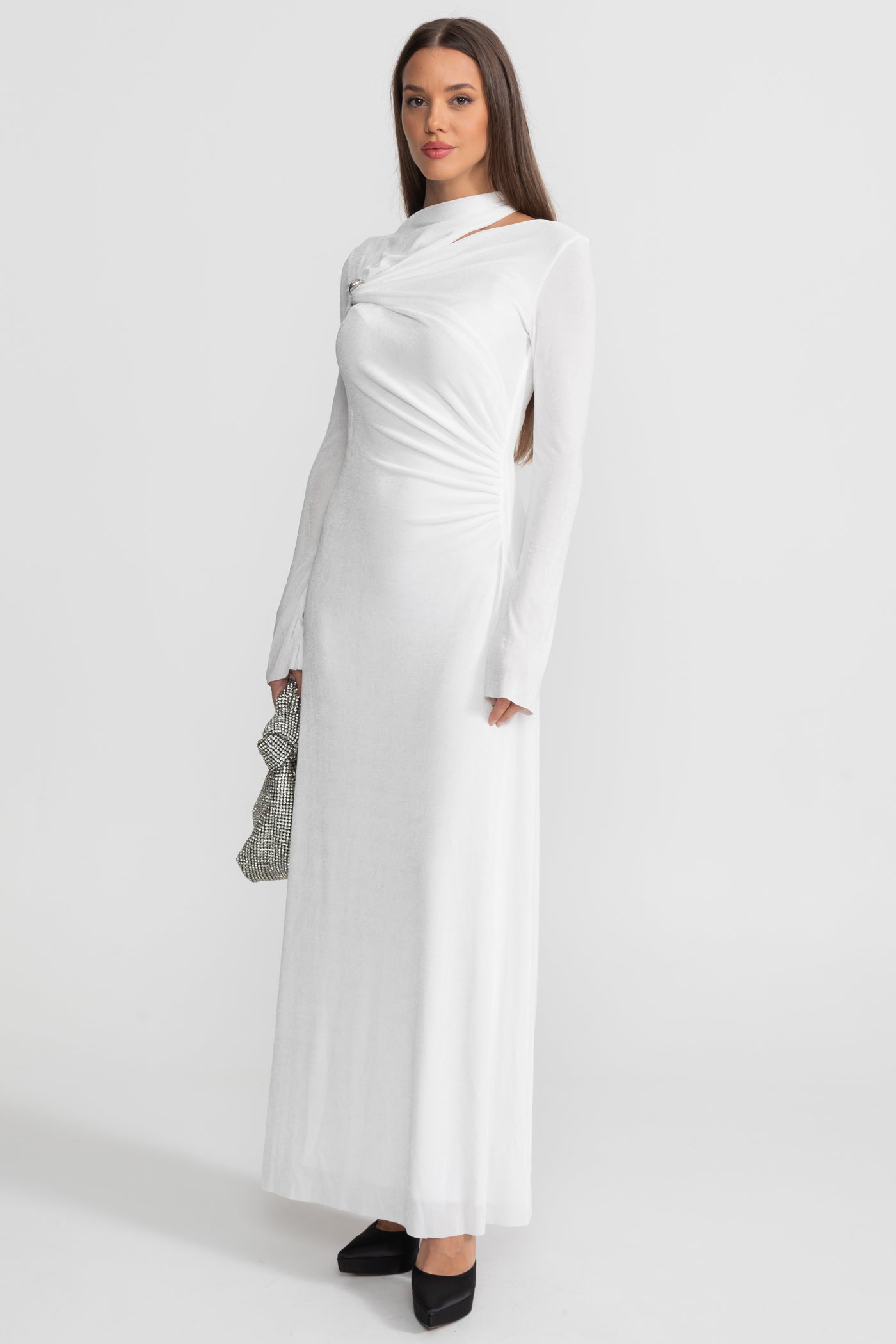Drapiertes Maxikleid mit Cut-Out und elegantem Detail – Weiß
