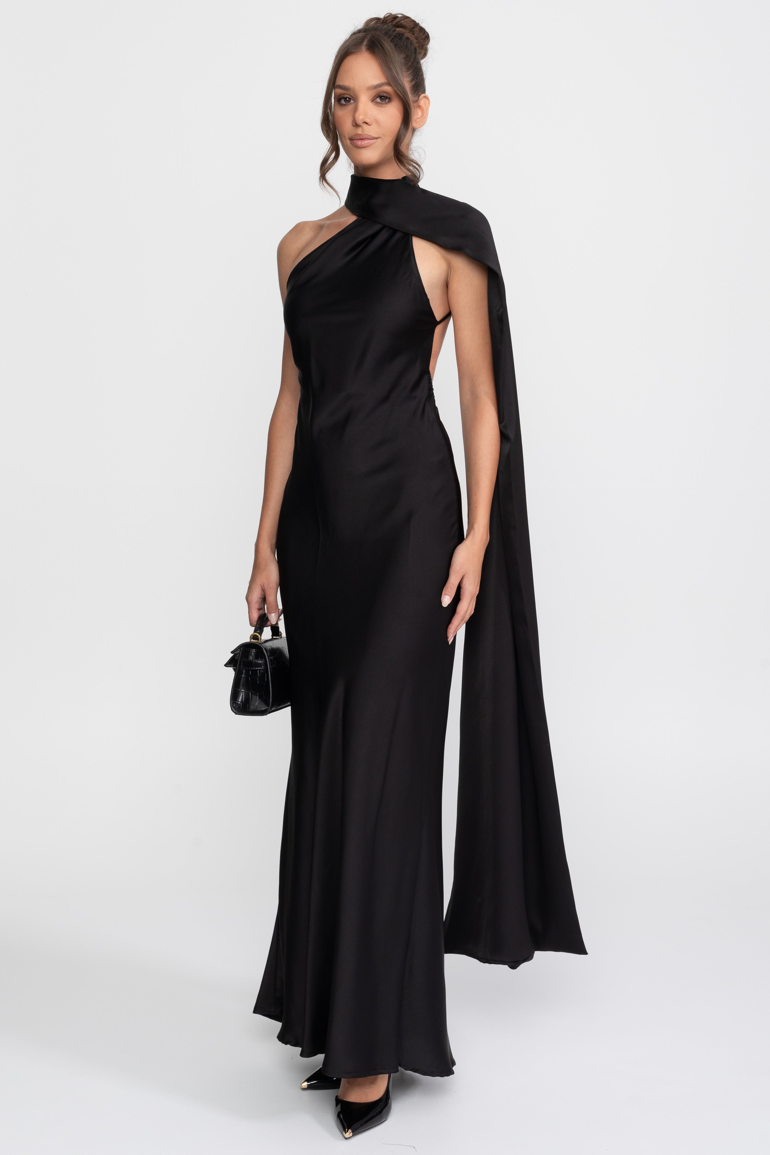 Twist Halter Satin Slip Dress With Asymmetric Neckline - Black