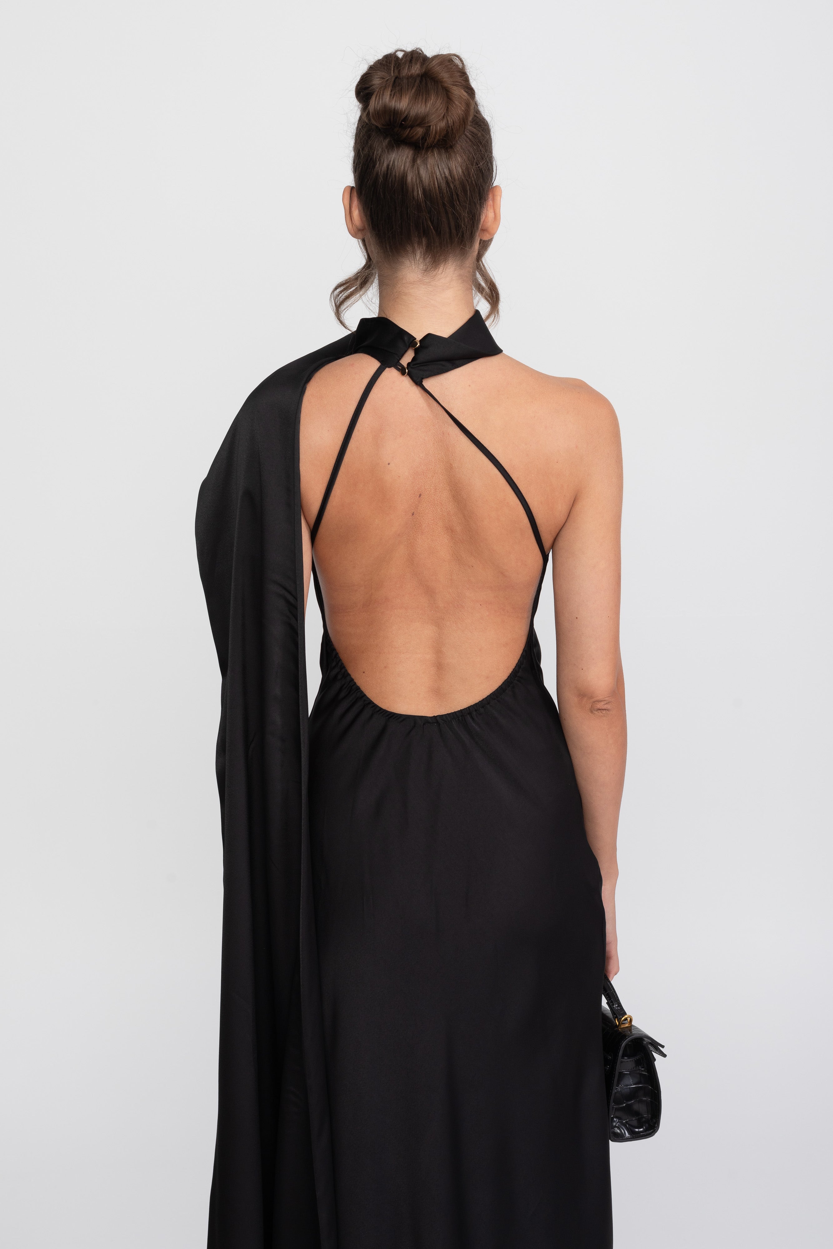 Twist Halter Satin Slip Dress With Asymmetric Neckline - Black