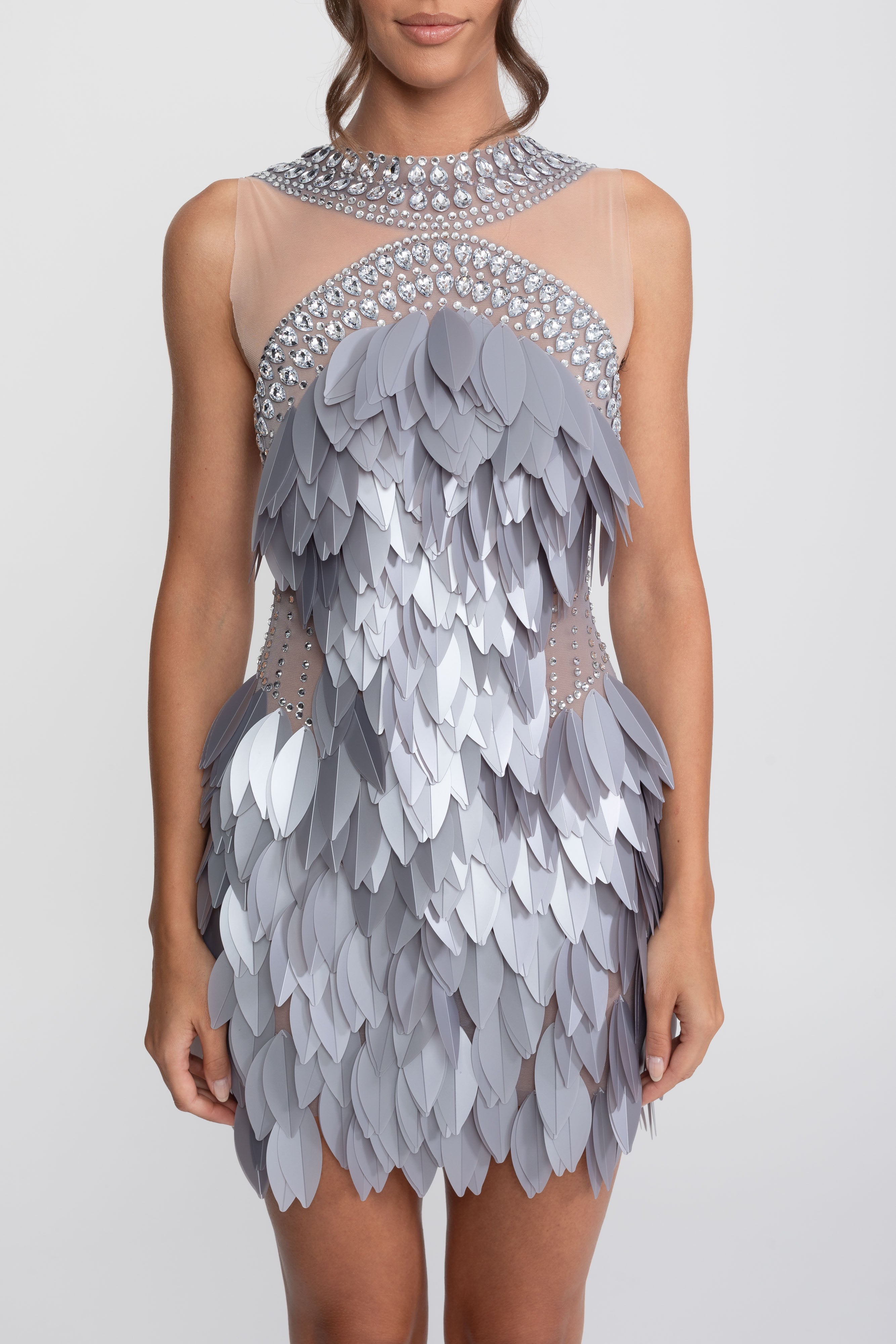Sleeveless Sheer Mesh Feather-Panel Mini Dress With Crystals - Gray