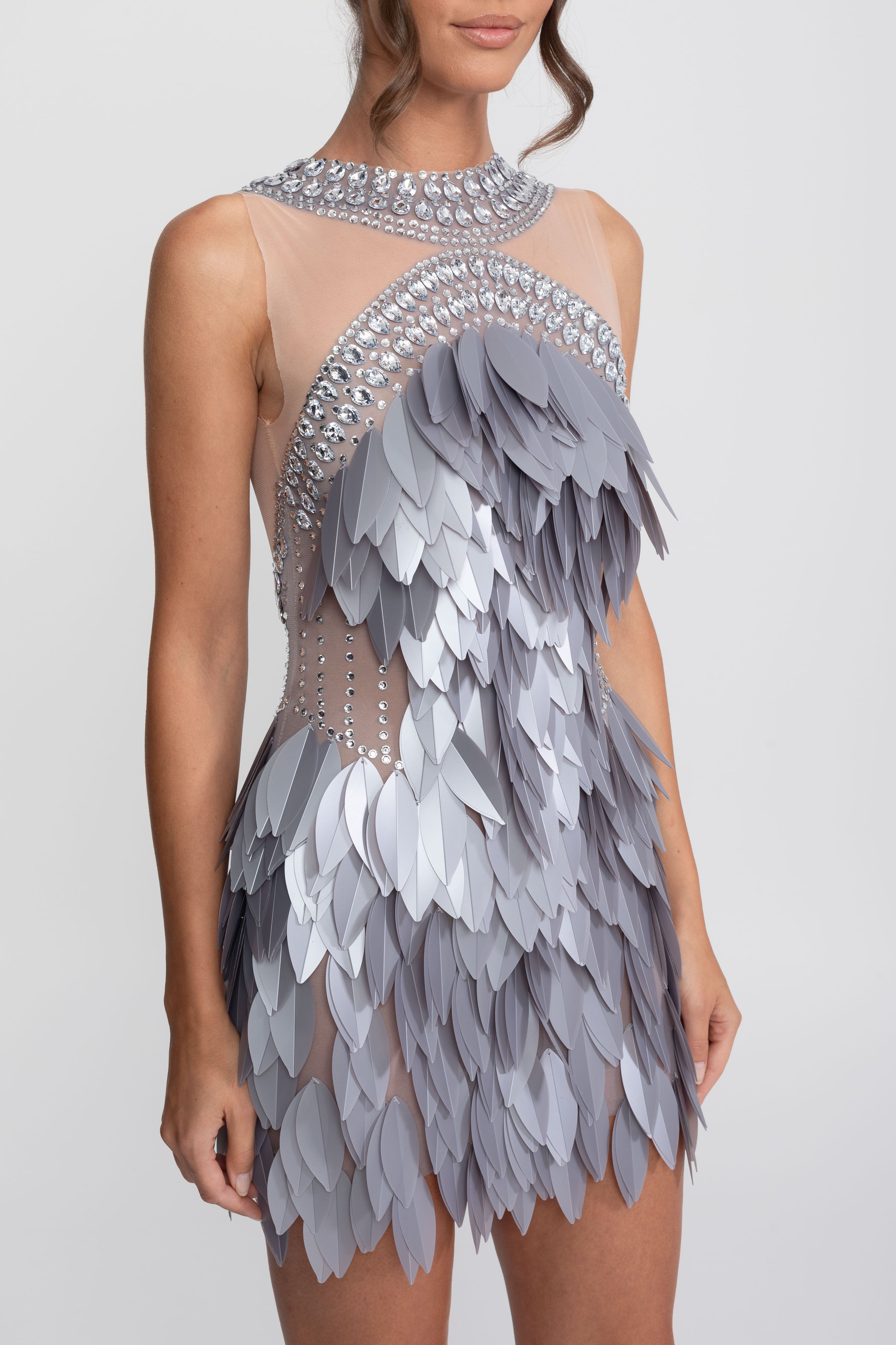 Sleeveless Sheer Mesh Feather-Panel Mini Dress With Crystals - Gray