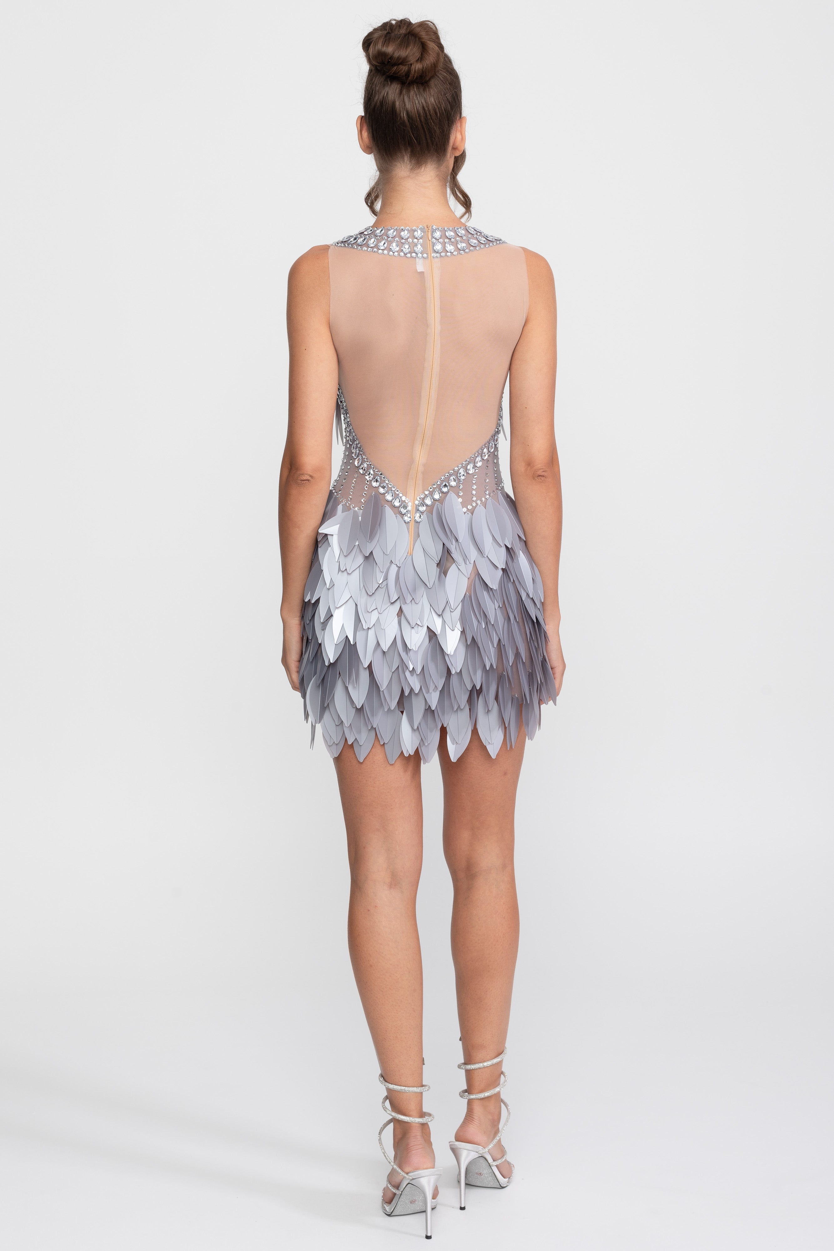 Sleeveless Sheer Mesh Feather-Panel Mini Dress With Crystals - Gray