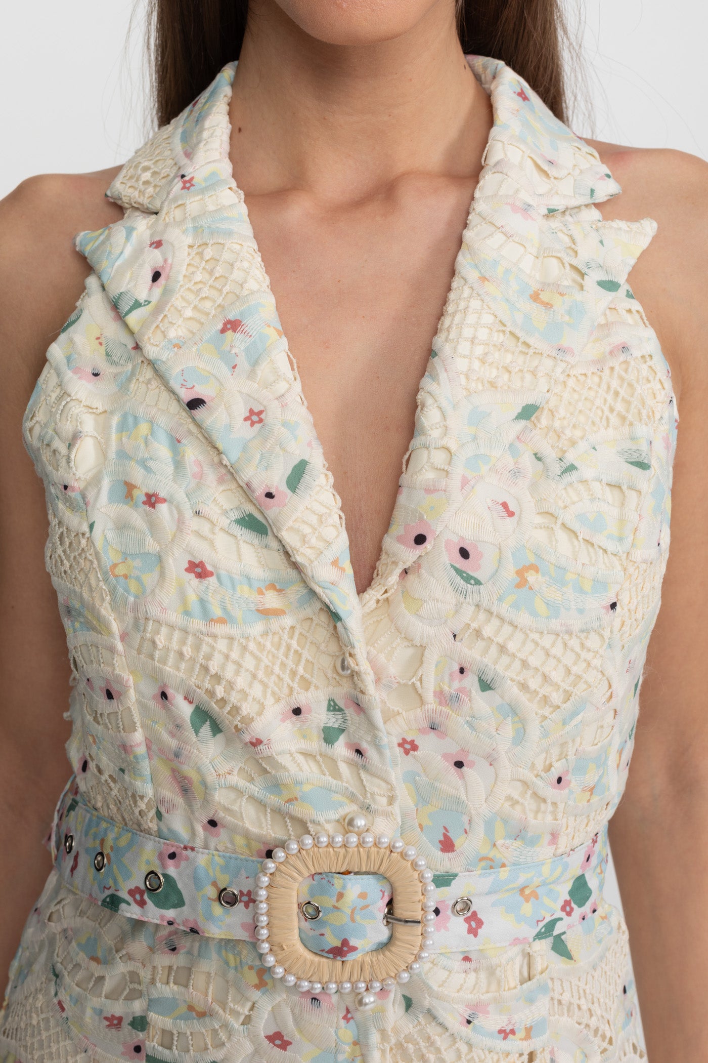 Spitzen-Midikleid mit Neckholder und Taillengürtel – Ivoire