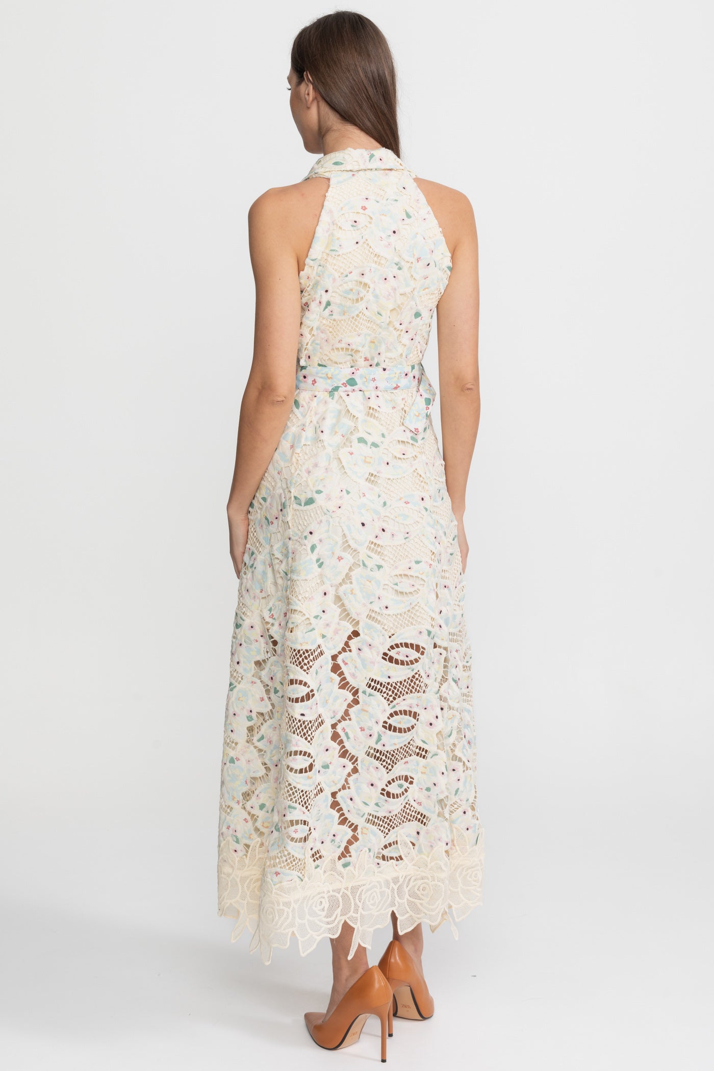 Spitzen-Midikleid mit Neckholder und Taillengürtel – Ivoire
