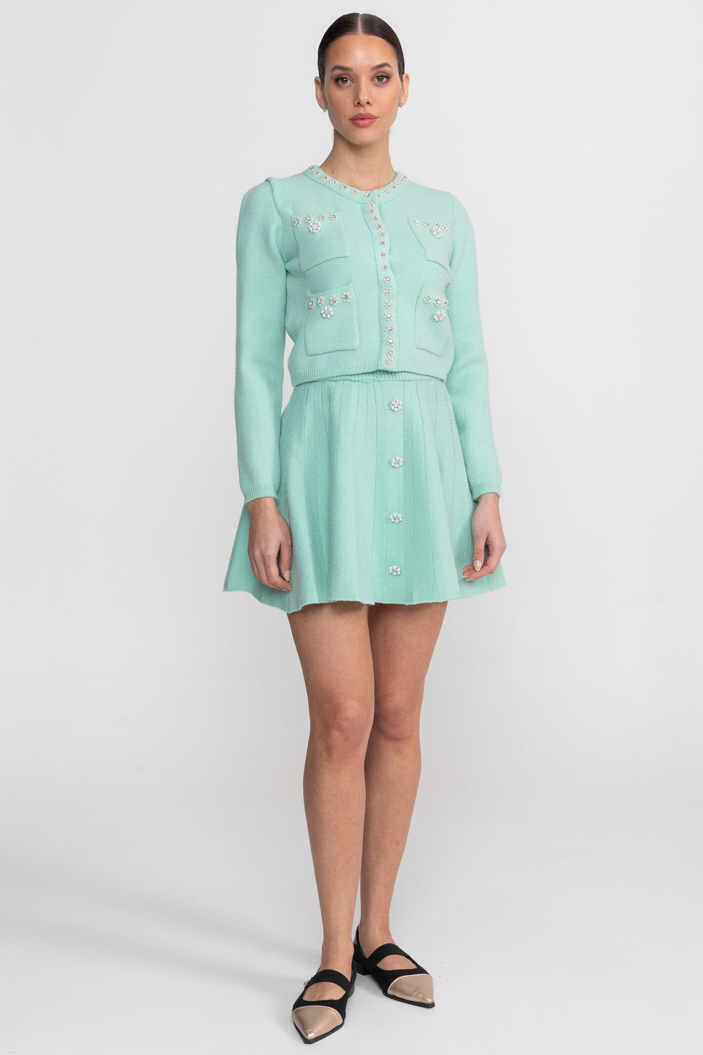 Strick-Co-Ord-Set mit langärmligem Cardigan und passendem Minirock – Teal