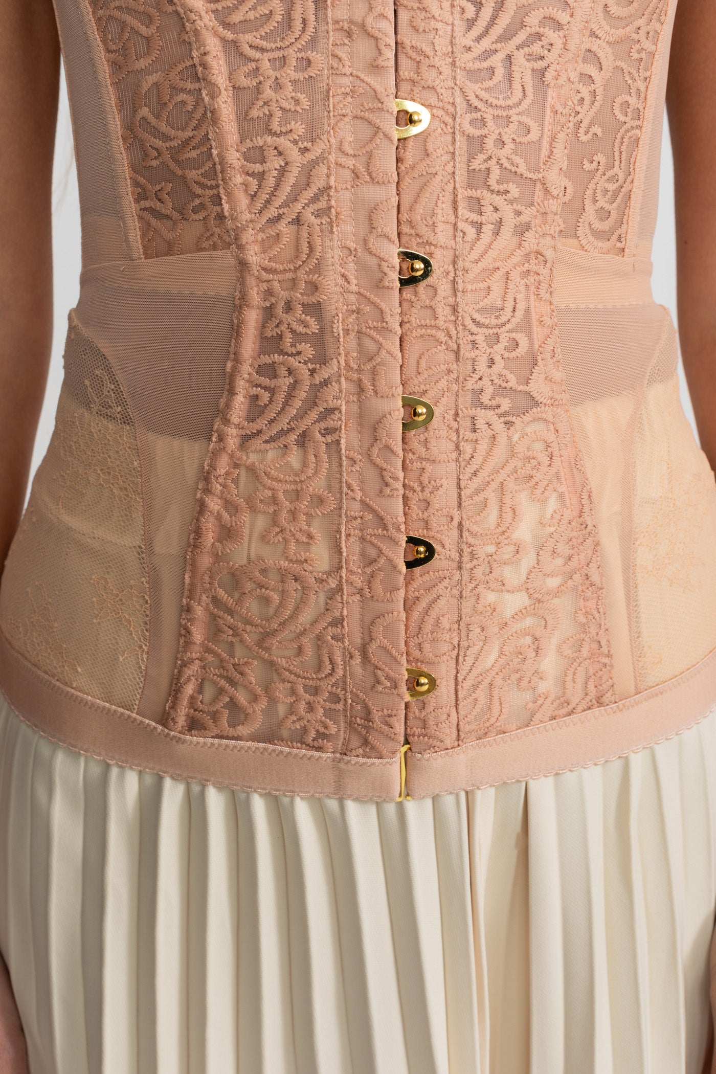 Trägerloses Spitzen-Corsagen-Top mit Stäbchen und Frontverschluss – Nude