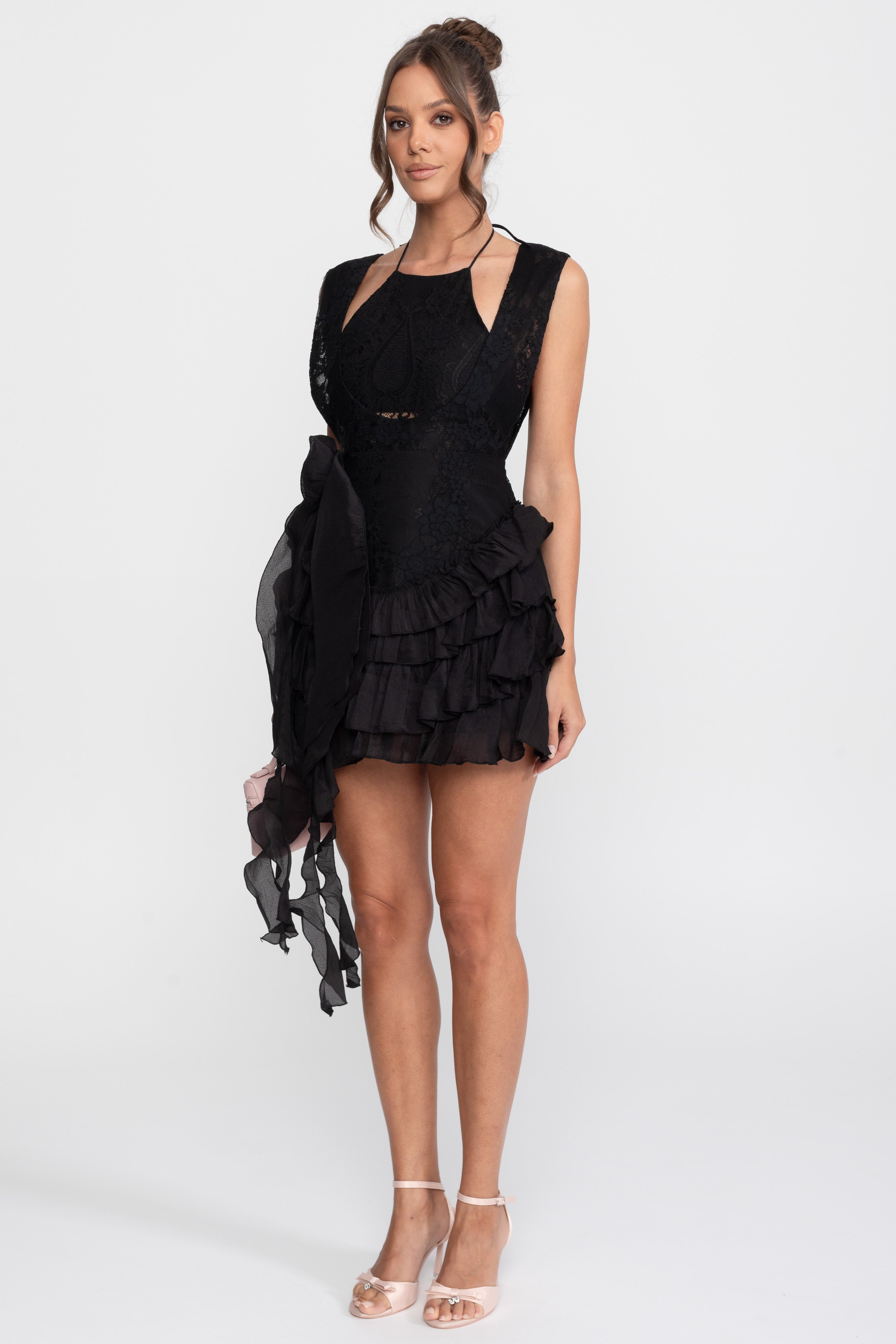 Spitzen-Halter-Minikleid mit Rosetten und Rüschenrock - Schwarz