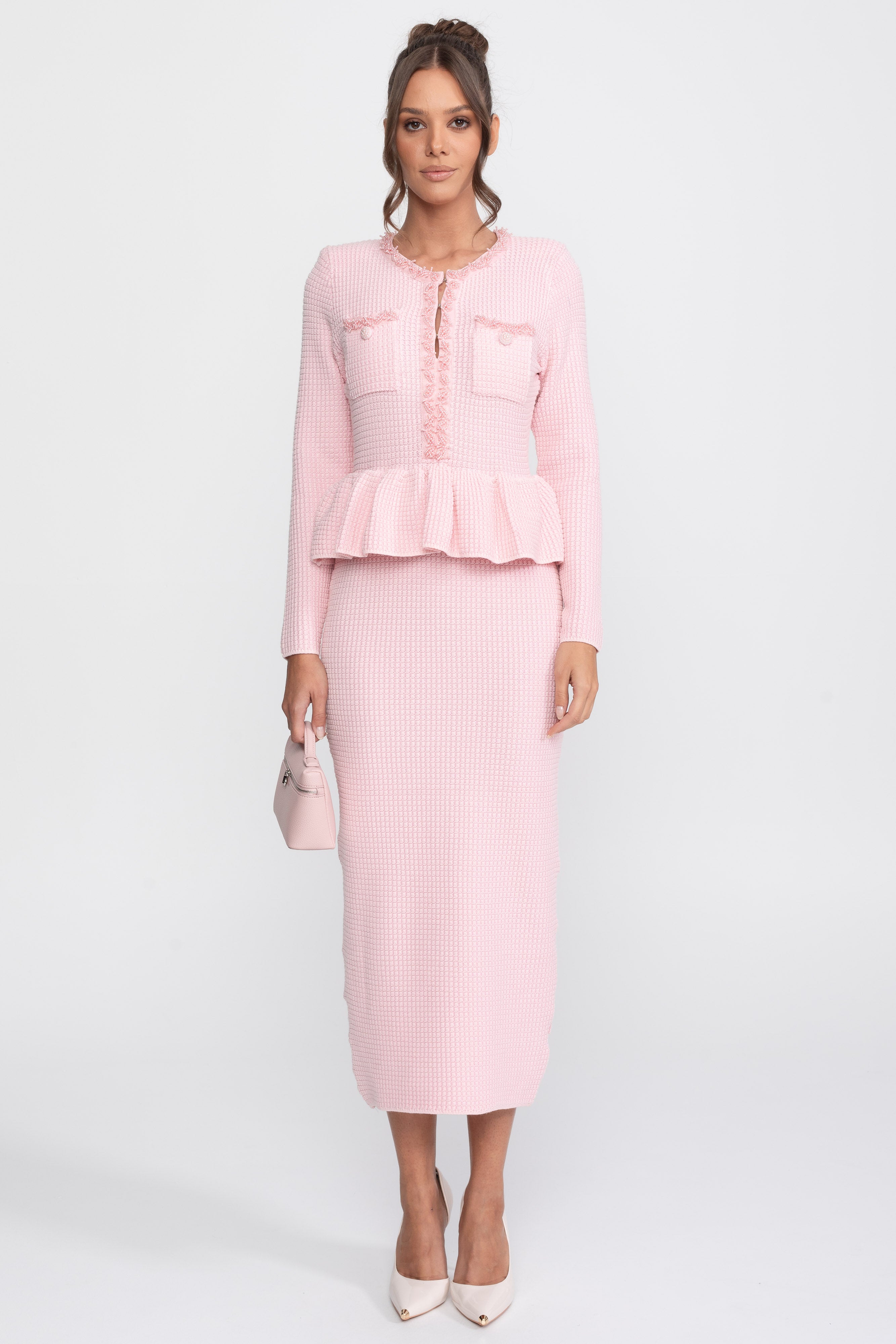 Strick-Peplum-Kleid mit Fransenbesatz und aufgesetzten Brusttaschen vorne - Pink