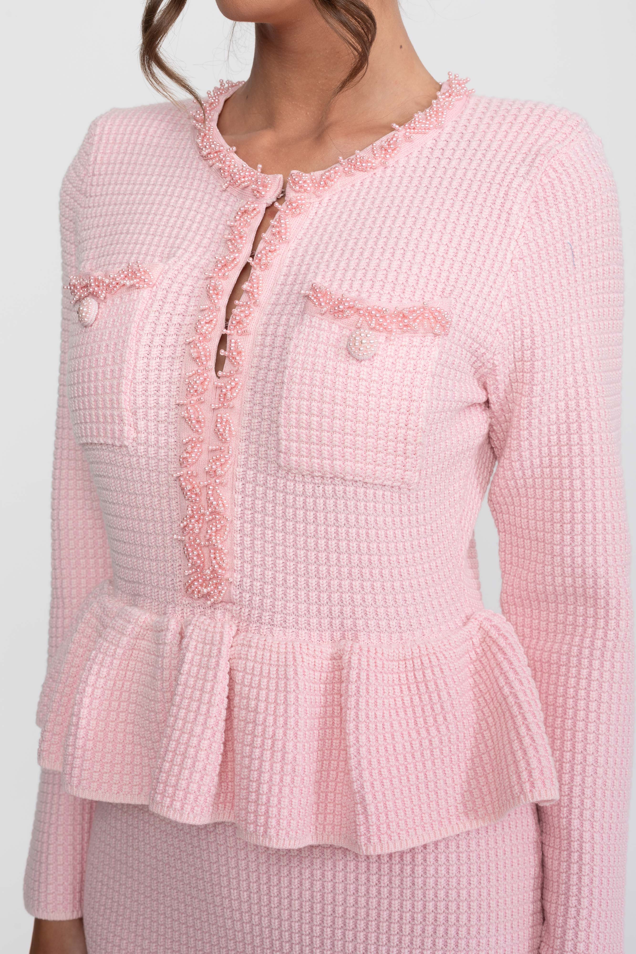 Strick-Peplum-Kleid mit Fransenbesatz und aufgesetzten Brusttaschen vorne - Pink