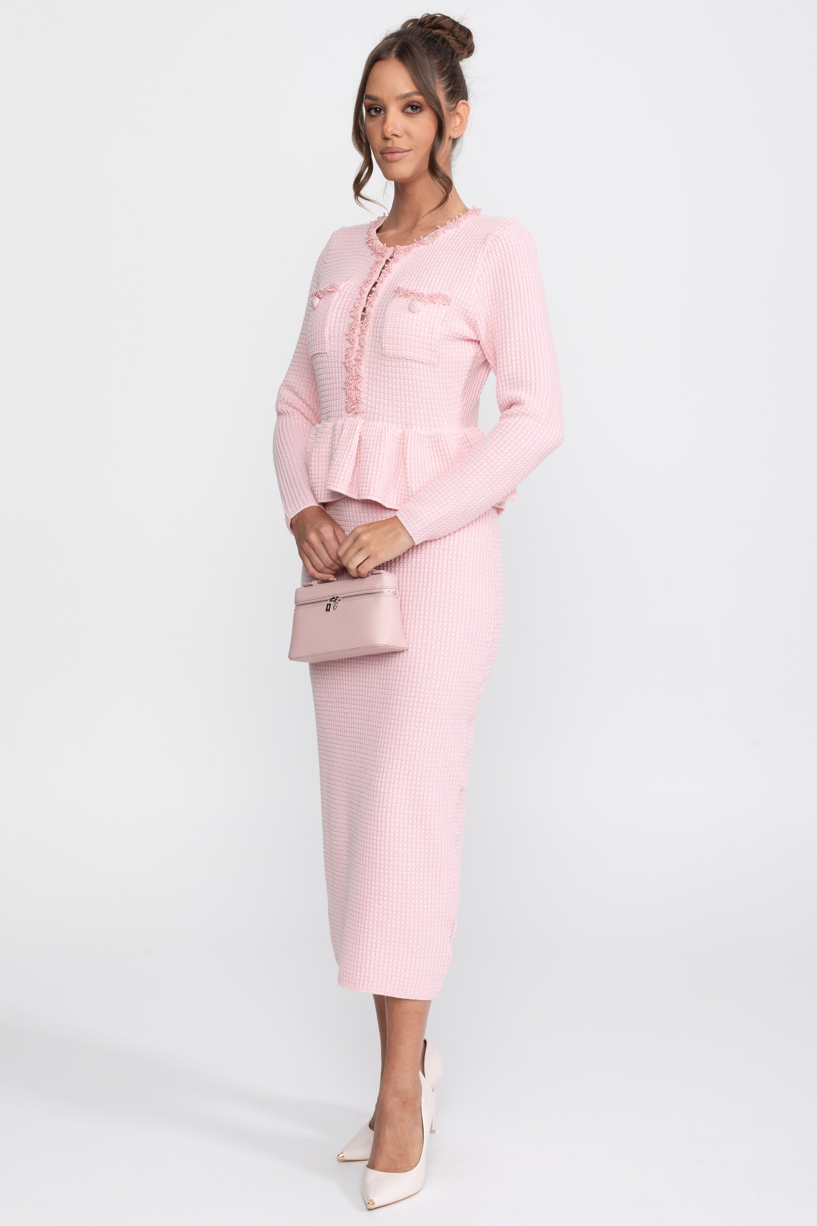 Strick-Peplum-Kleid mit Fransenbesatz und aufgesetzten Brusttaschen vorne - Pink