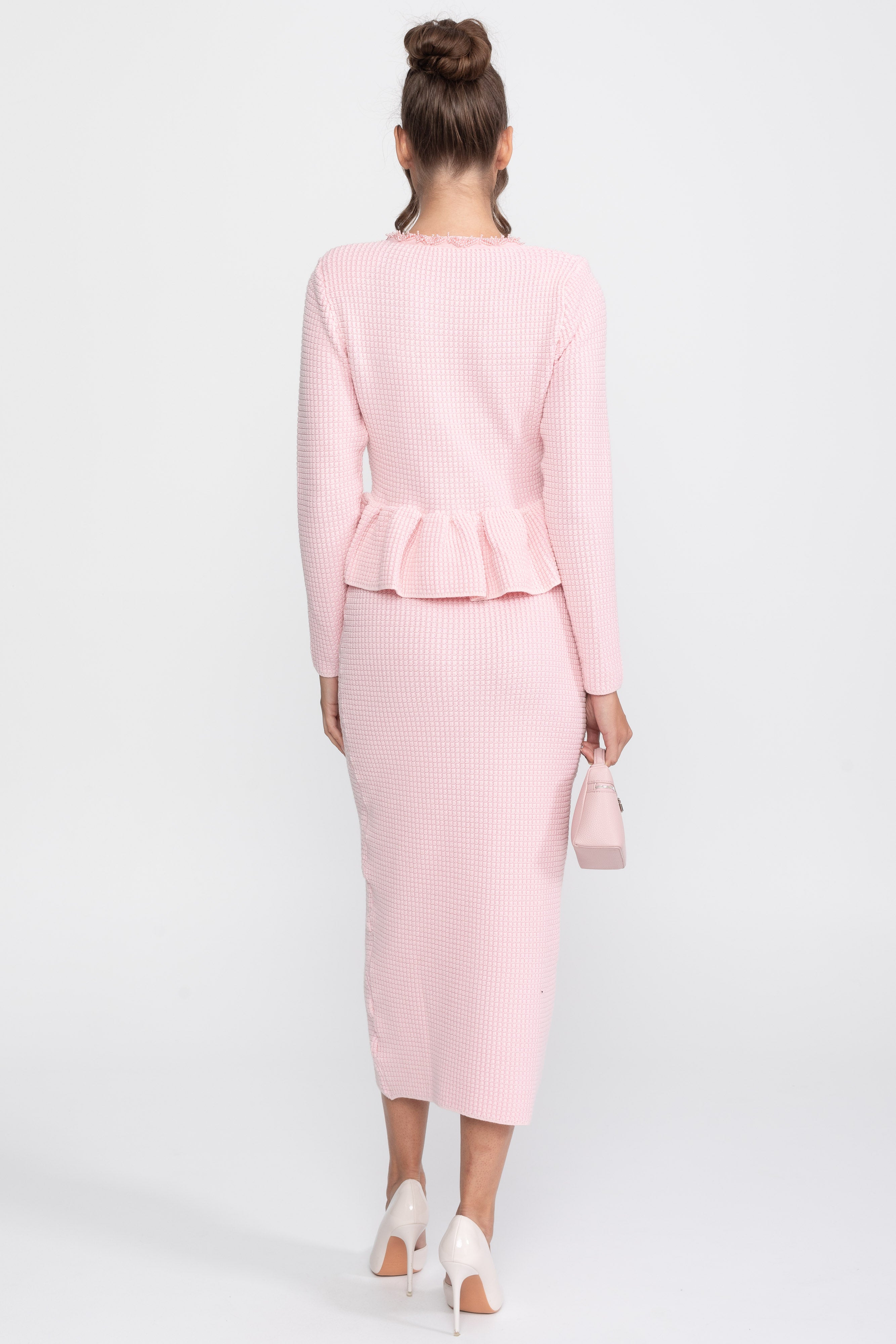Strick-Peplum-Kleid mit Fransenbesatz und aufgesetzten Brusttaschen vorne - Pink