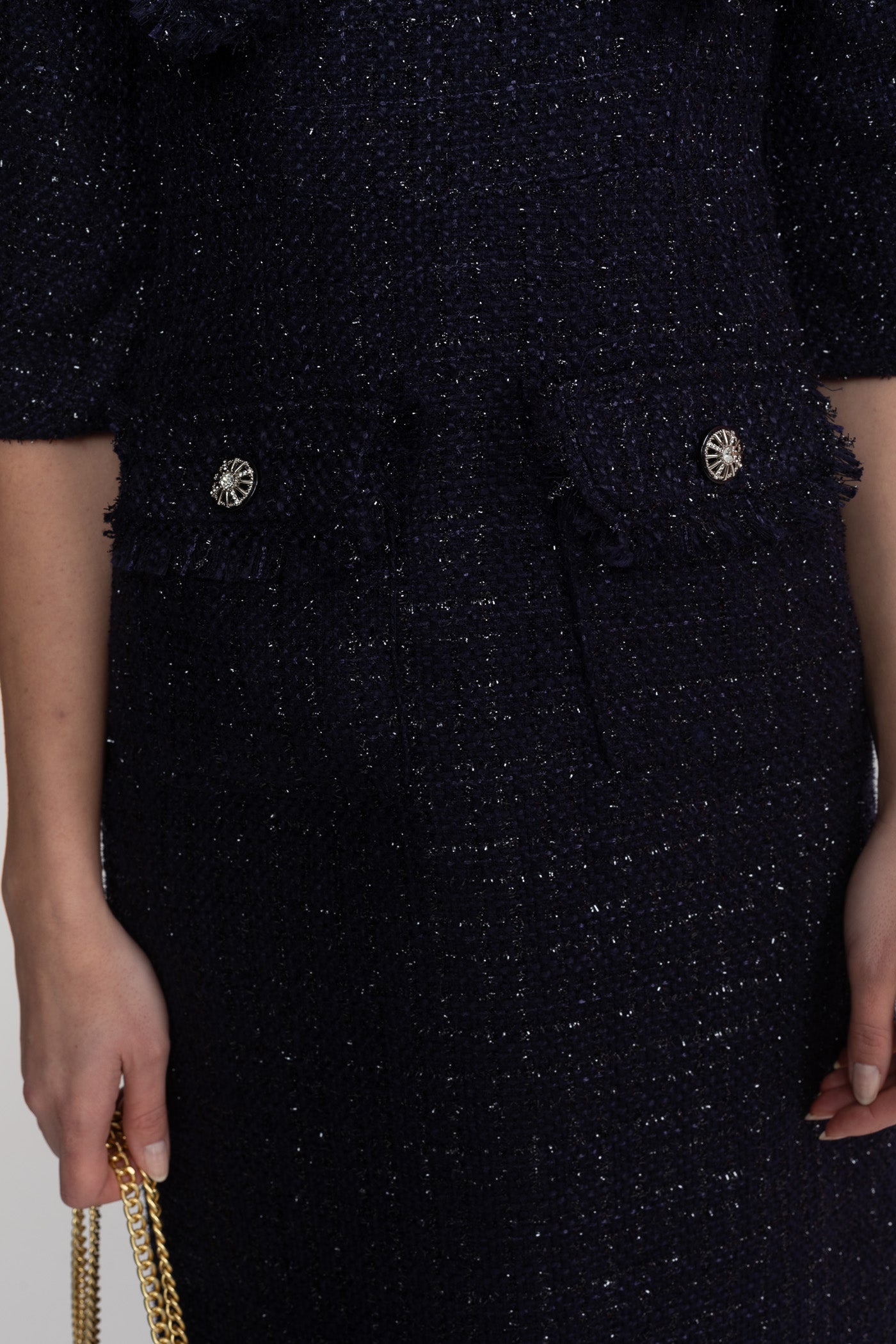 Tweed-Midikleid mit übergroßem Schleifenkragen – Navy