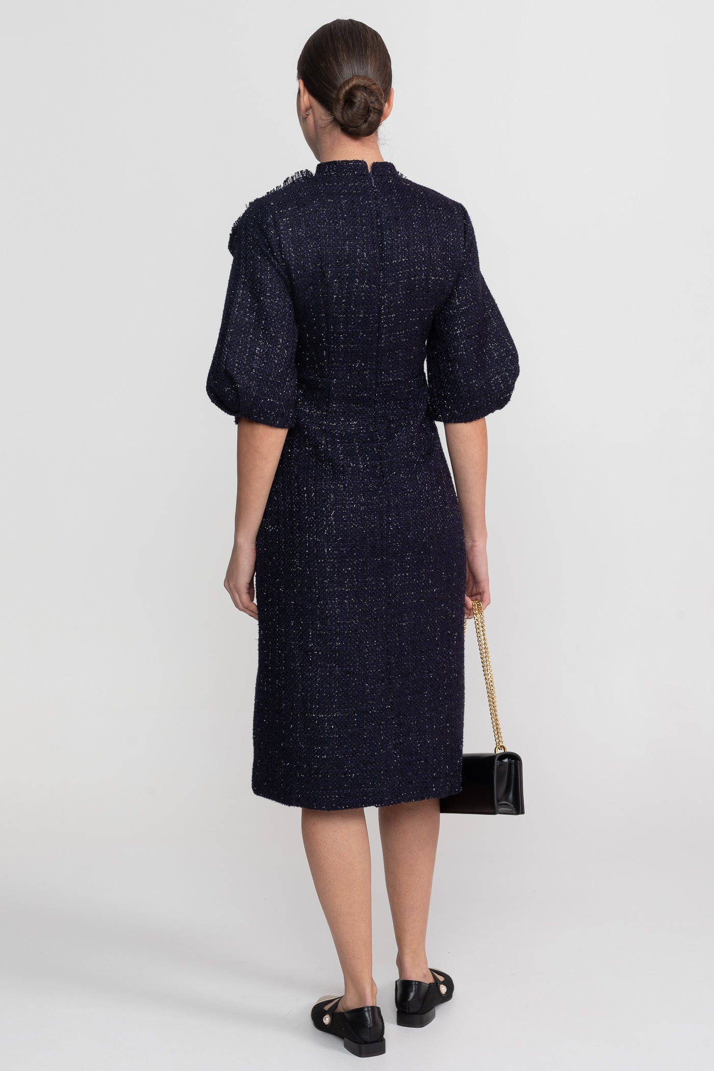 Tweed-Midikleid mit übergroßem Schleifenkragen – Navy