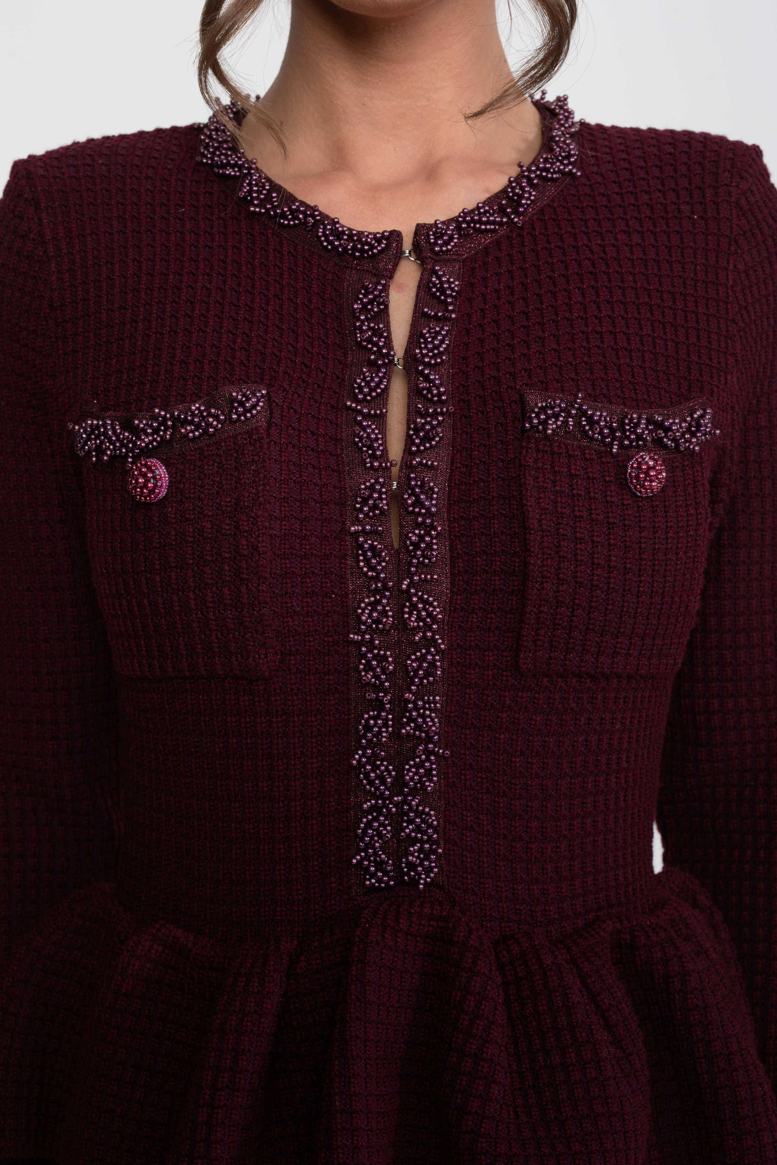 Fringe Trim Knit Peplum Dress With Front Chest Pockets - Burgundy