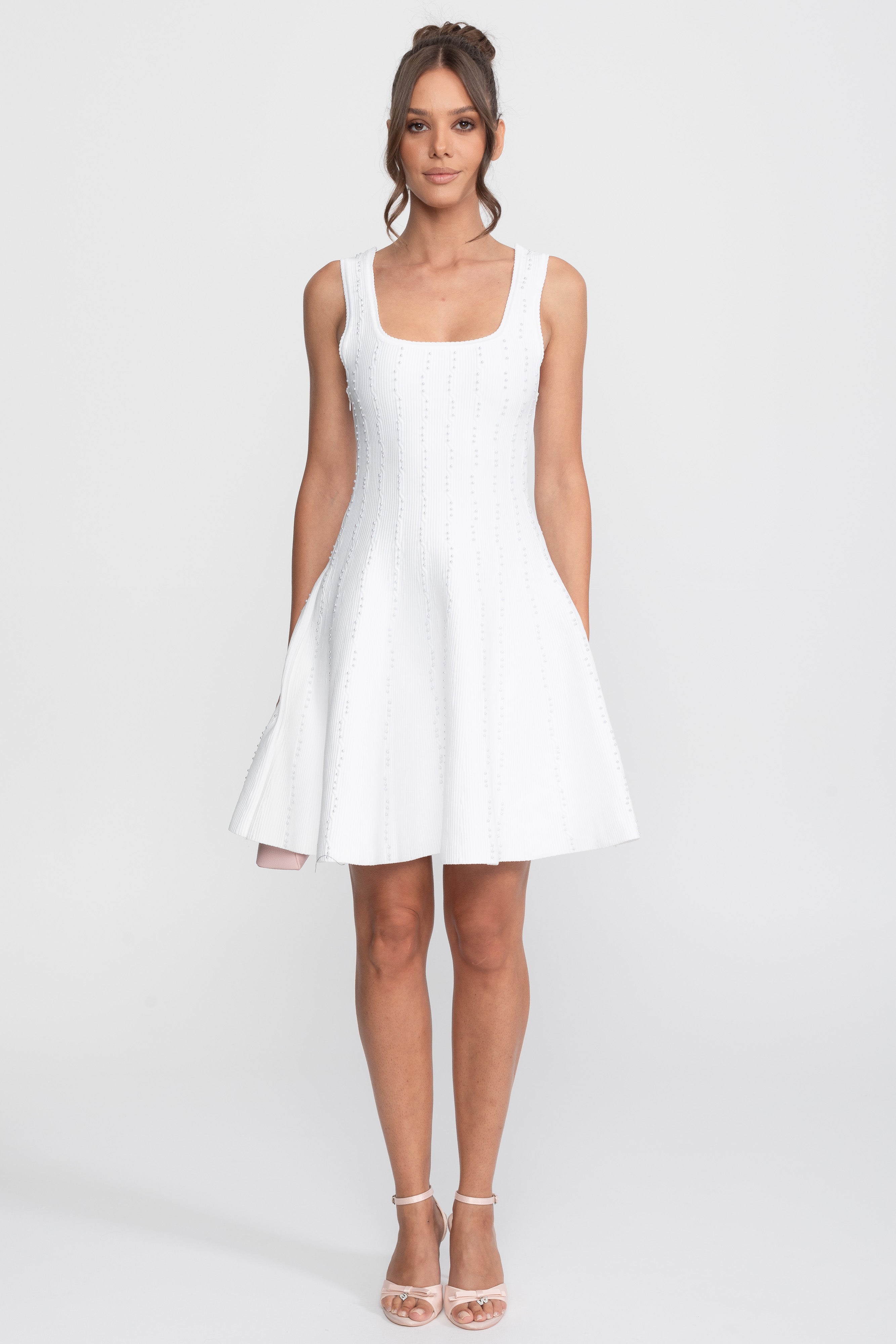 Pearl Beaded Ribbed Mini Dress With Square Neck - White