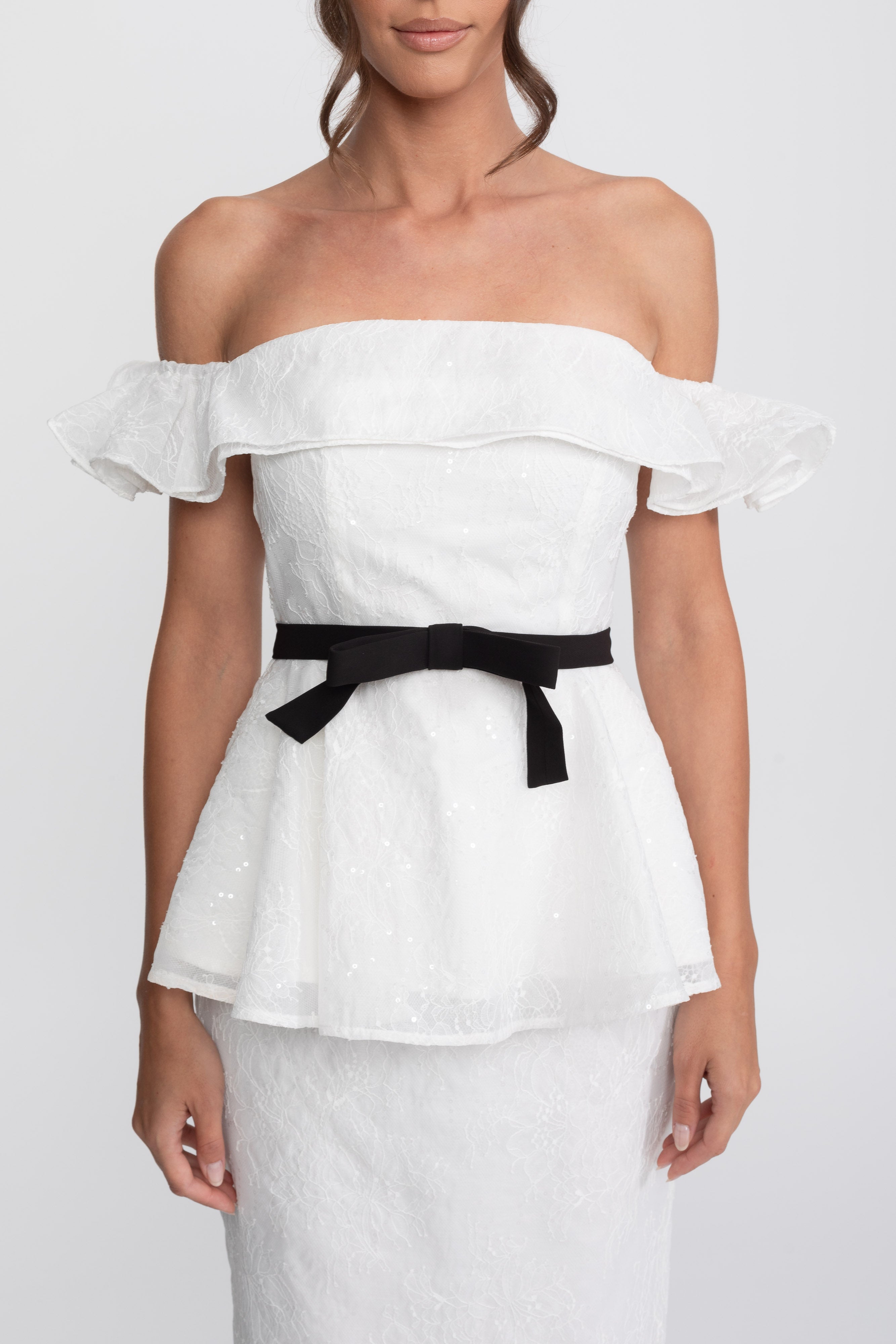 Off-Shoulder Peplum Top And Skirt Set With Black Ribbon Belt - White