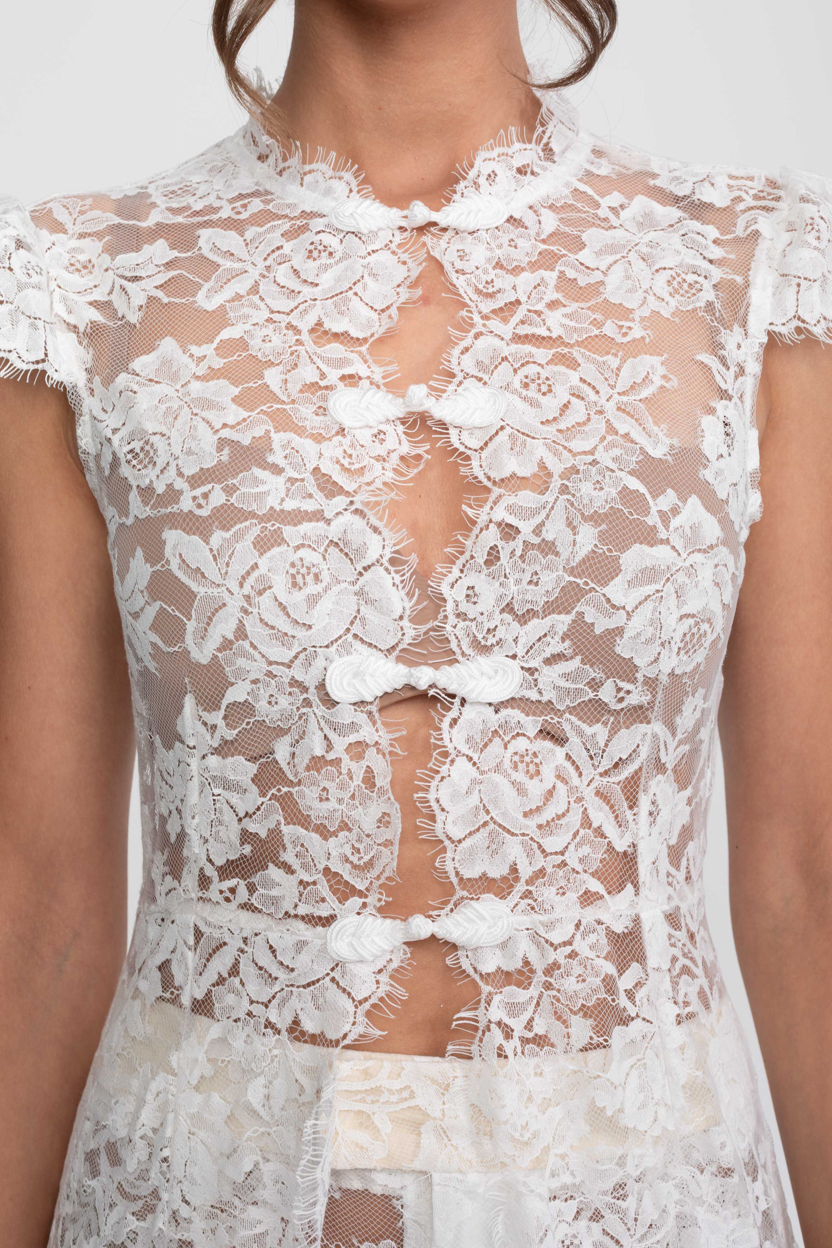 Sheer Lace Top And Palazzo Pants Set With Trailing Panel - White