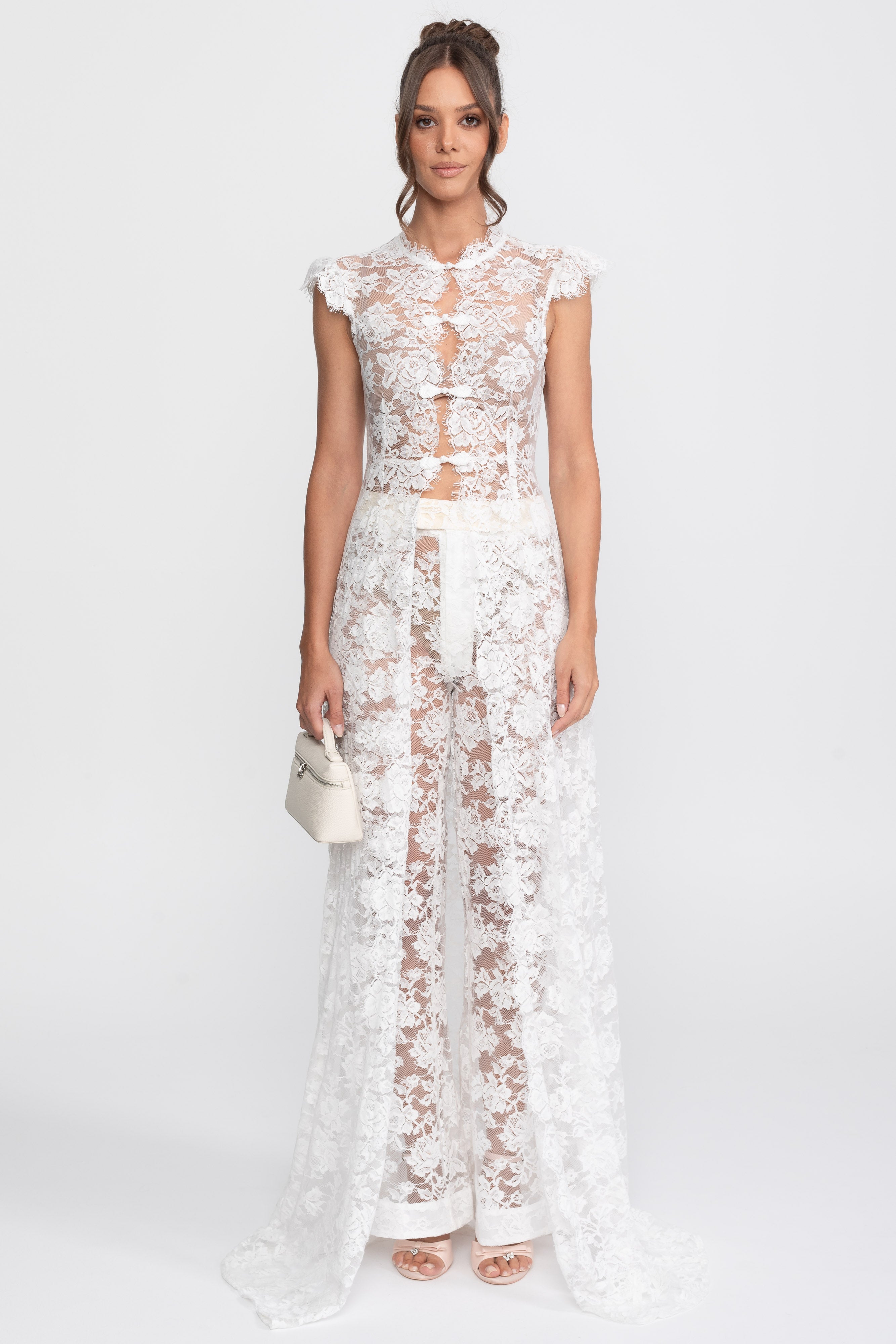 Sheer Lace Top And Palazzo Pants Set With Trailing Panel - White