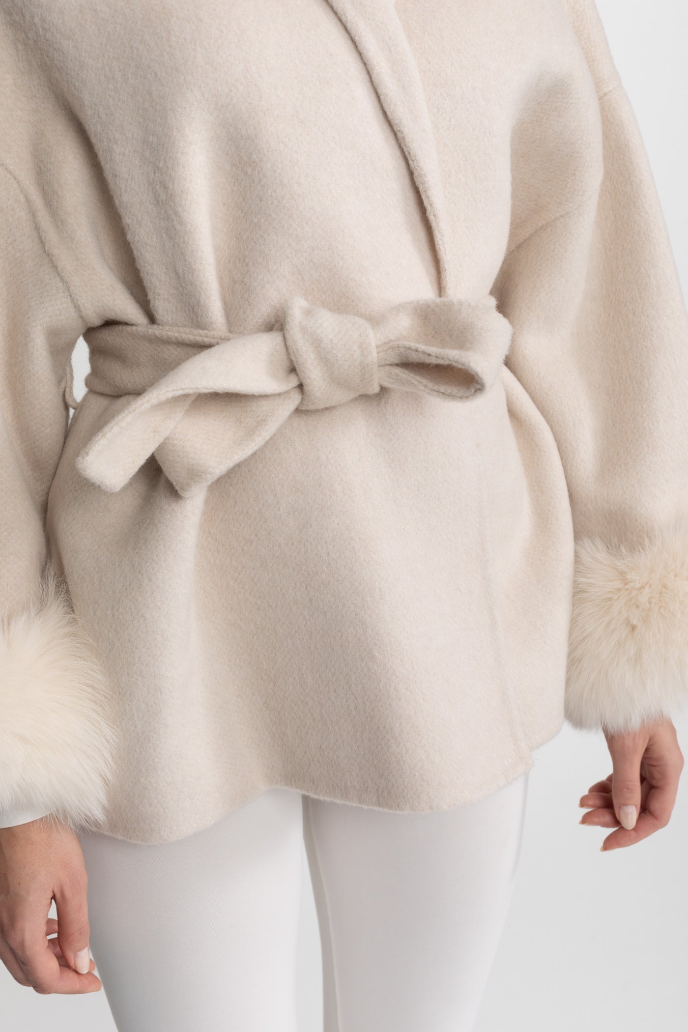Wool Blend Wrap Jacket with Fox Fur Cuffs – Cream