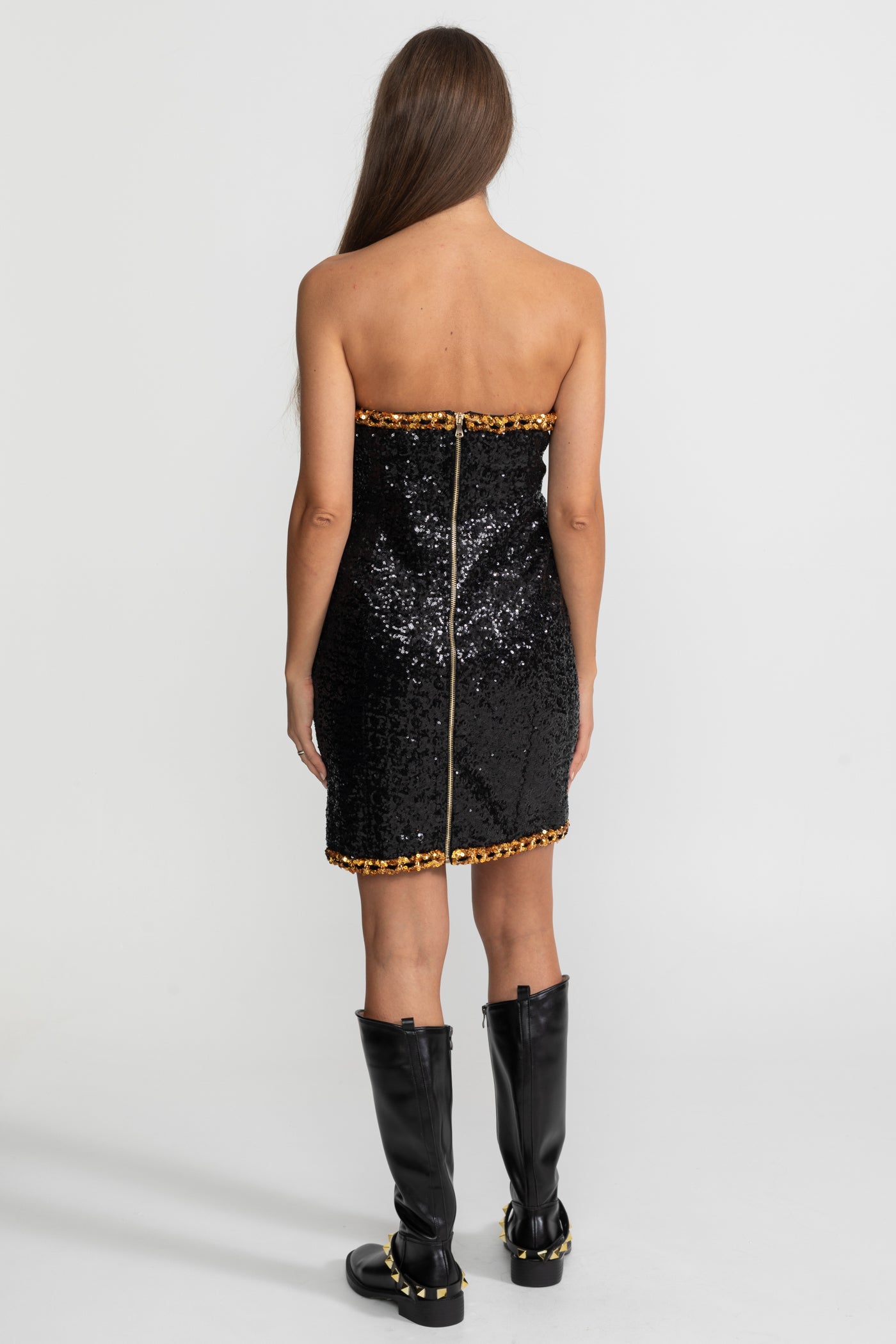 Strapless Sequin Mini Dress With Chain Trim Detailing – Black