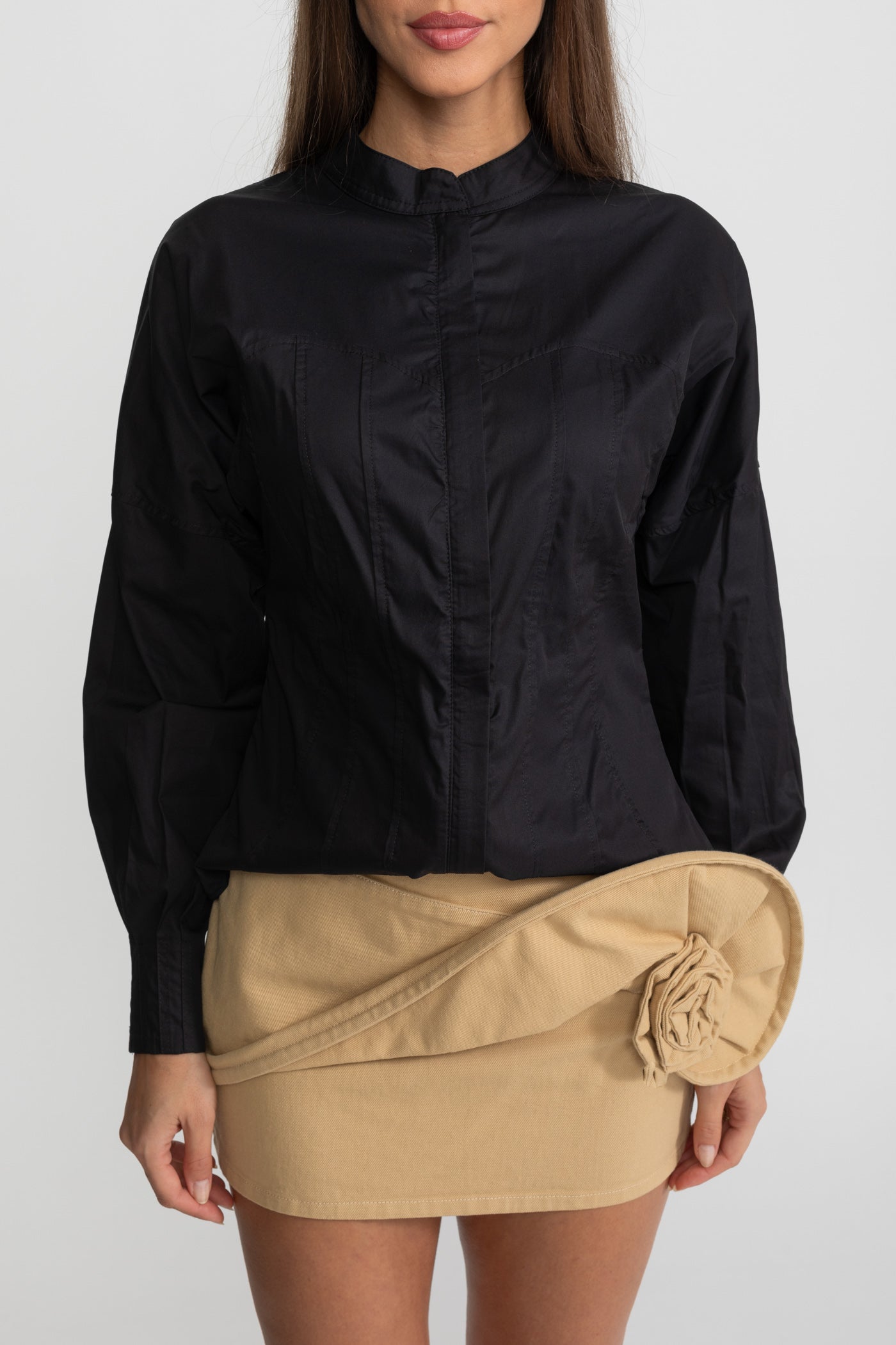 Mini Skirt with Draped Rose Appliqué - Beige