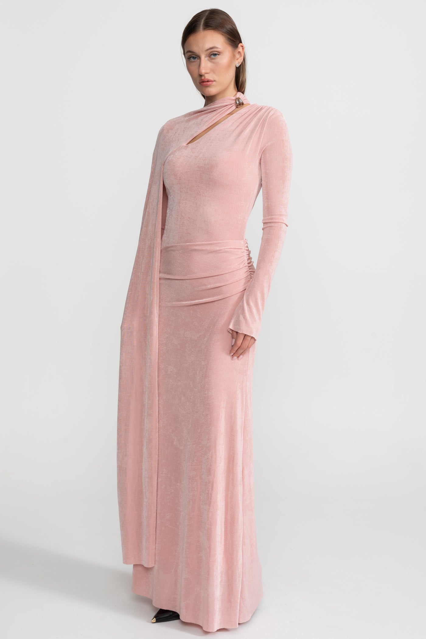 Elegant Draped Gown With Asymmetric Cutout – Blush Pink