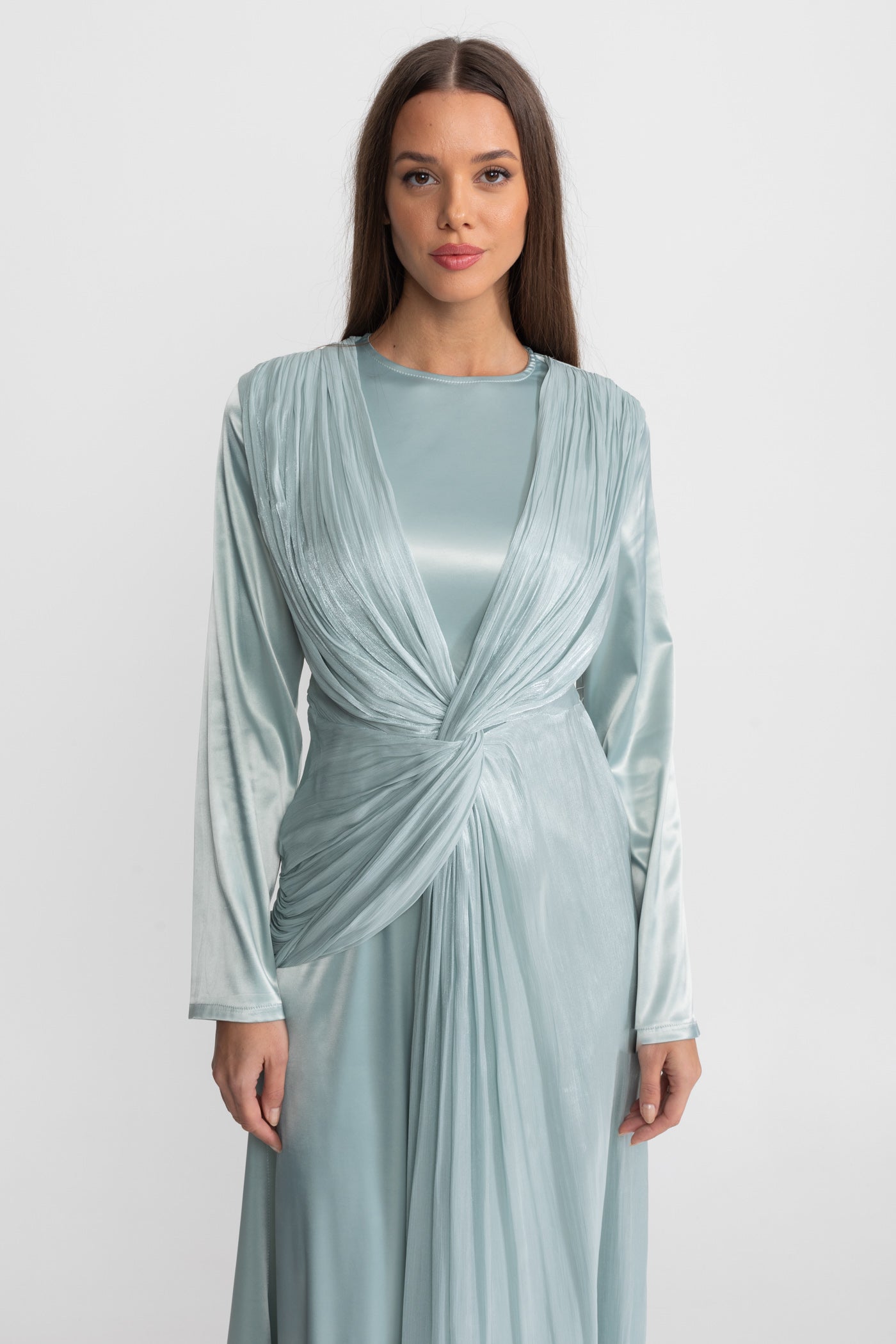 Satin-Midikleid mit drapiertem Überwurf und Knotendetail - Teal