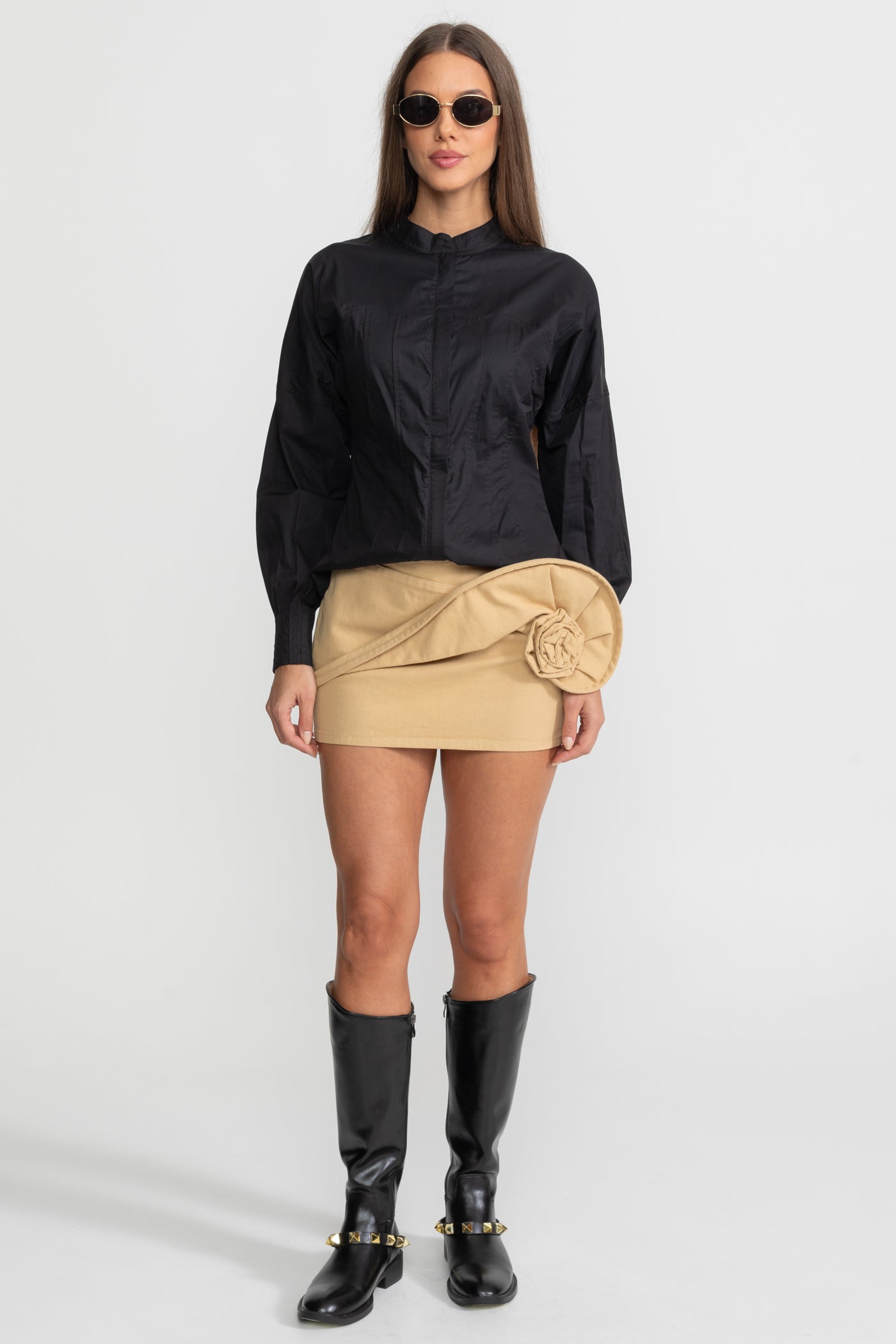 Mini Skirt with Draped Rose Appliqué - Beige